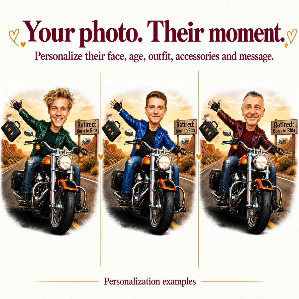 Three personalized biker retirement portraits with different faces and jacket colors.
