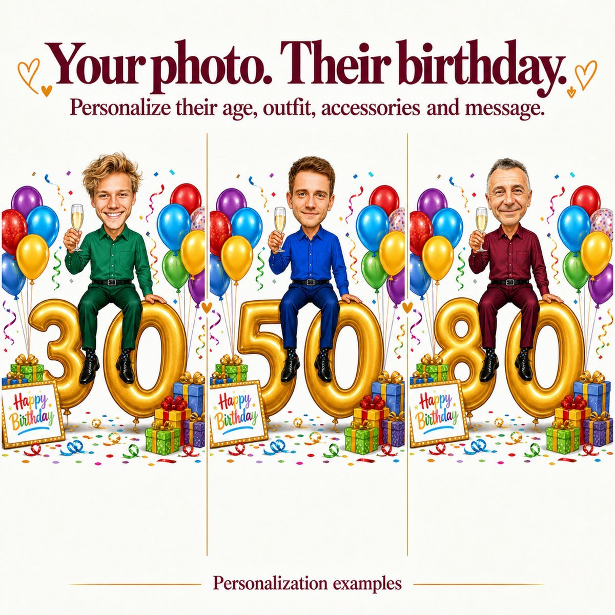 Three versions showing faces aged 30, 50, and 80 on golden numbers.