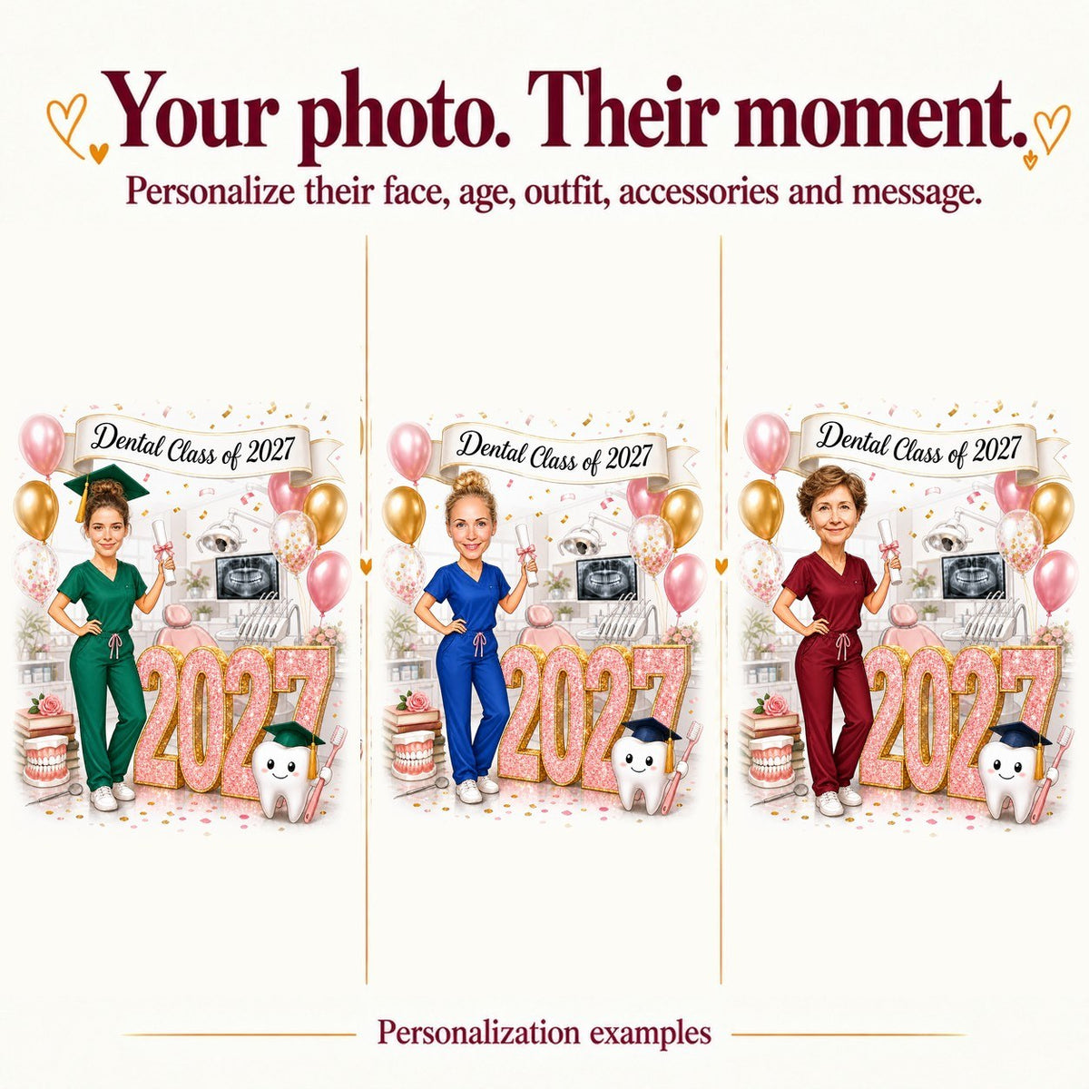 Three personalized versions featuring different women, varied skin tones, navy, pink, and white scrubs.