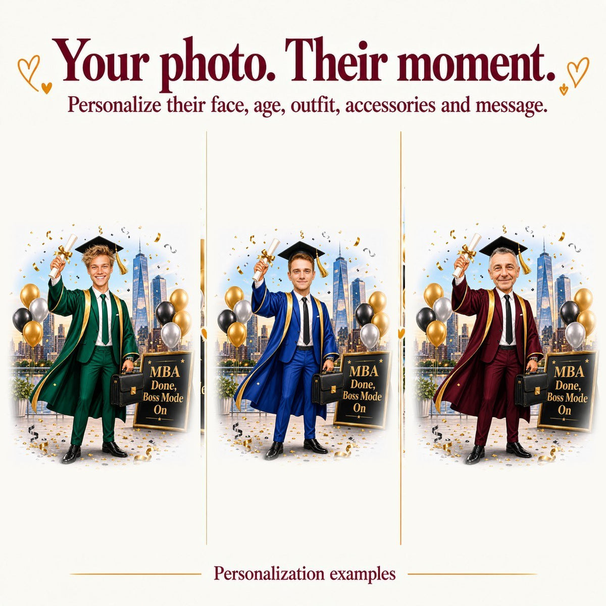 Three personalized MBA caricatures with different faces, suit colors, and backgrounds.