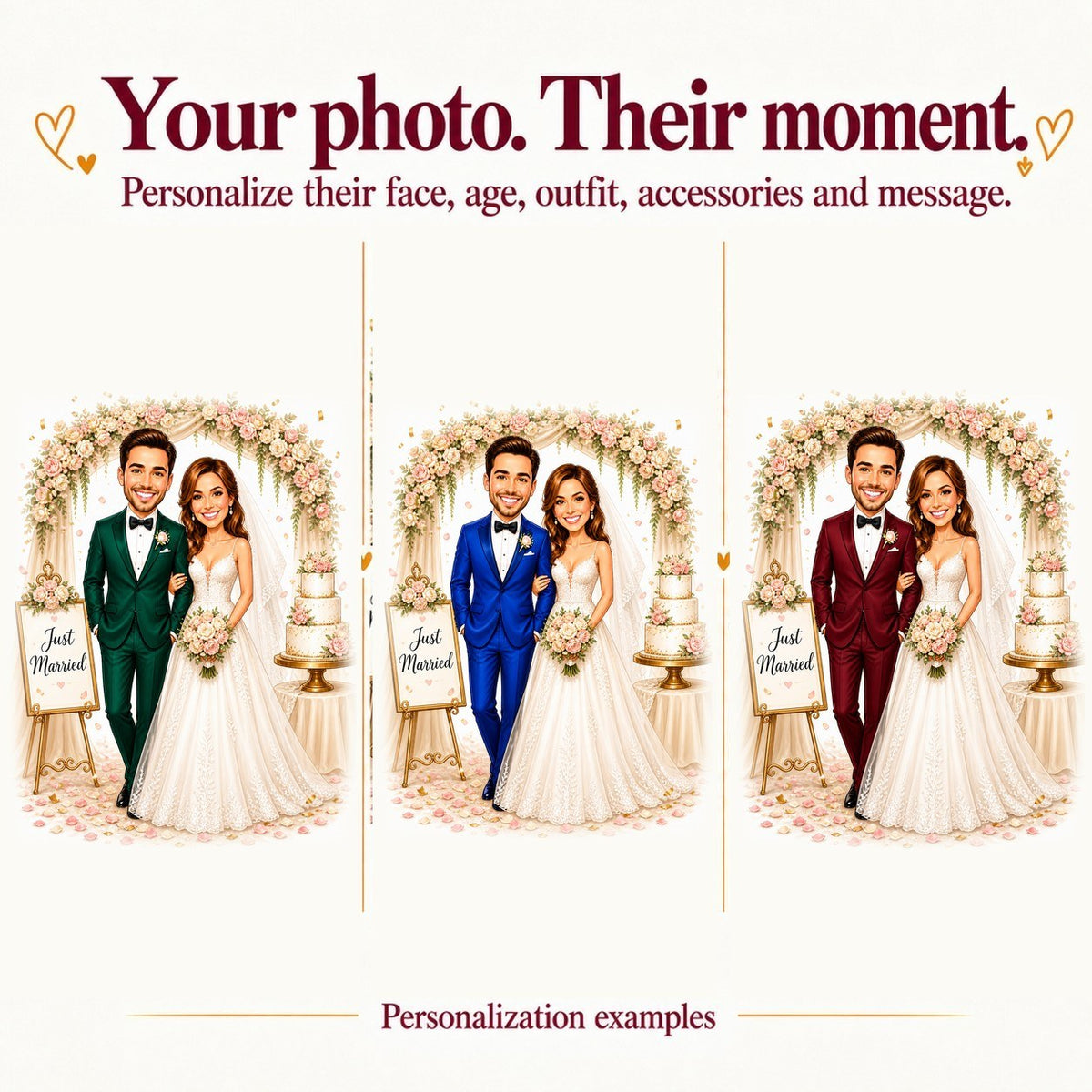 Three wedding couples with different faces and suit colors under the floral arch, bride in white