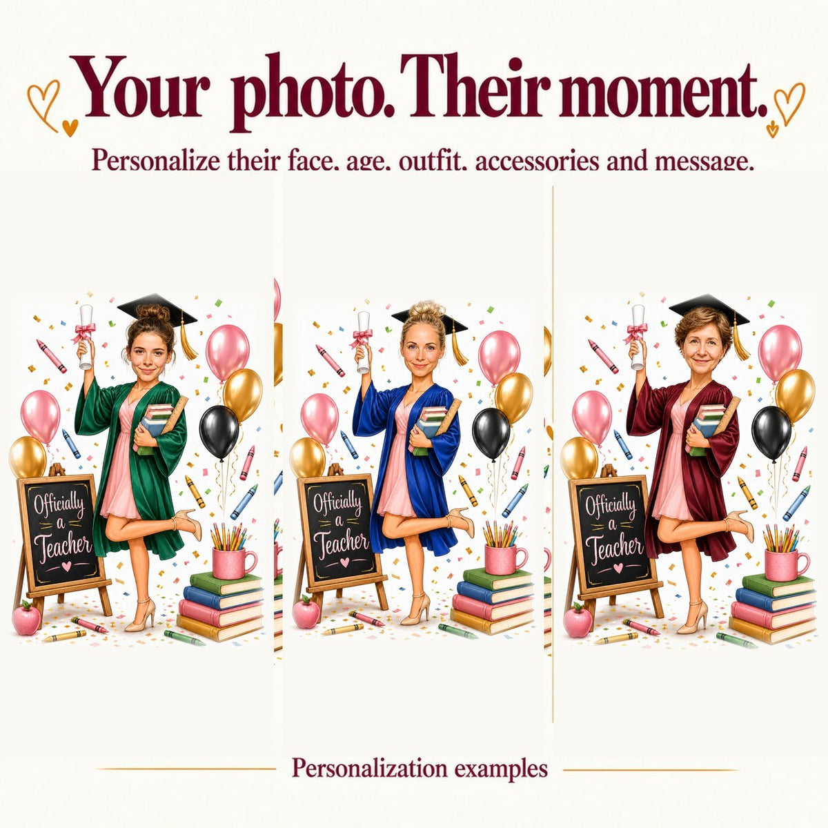 Three personalized teacher graduation caricatures with different faces and dress colors, custom chalkboard text.