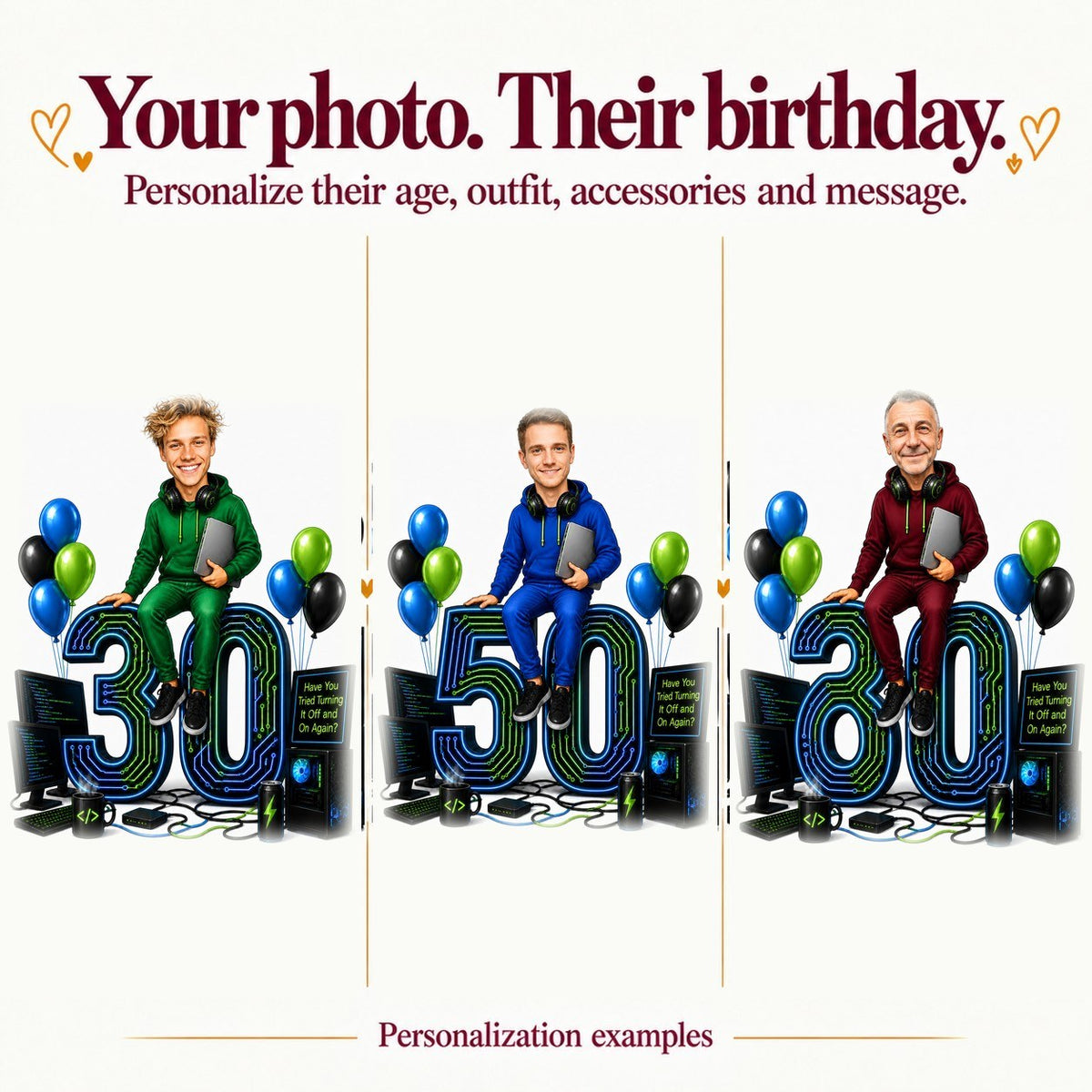 Three programmer caricatures with different faces and ages 30, 50, and 80 shown.