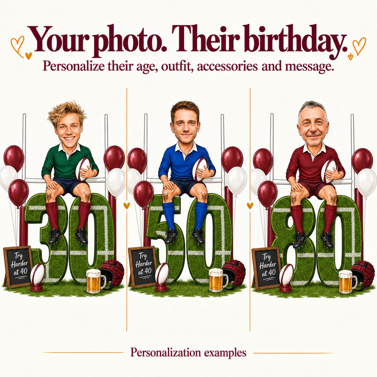 Three rugby caricatures with different faces and ages 30, 50, and 80.
