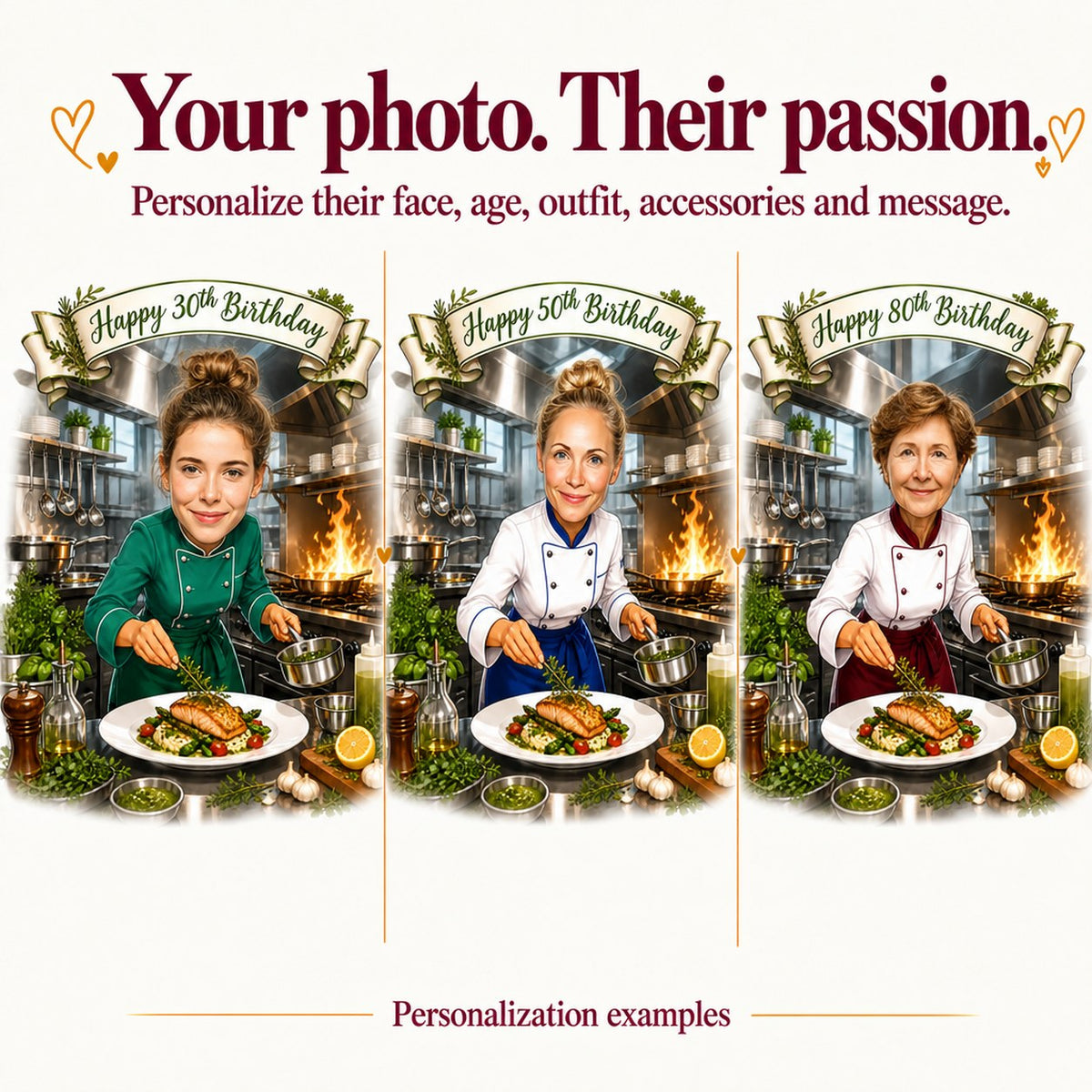 Three chef caricatures with different women’s faces and ages 30, 50, 80