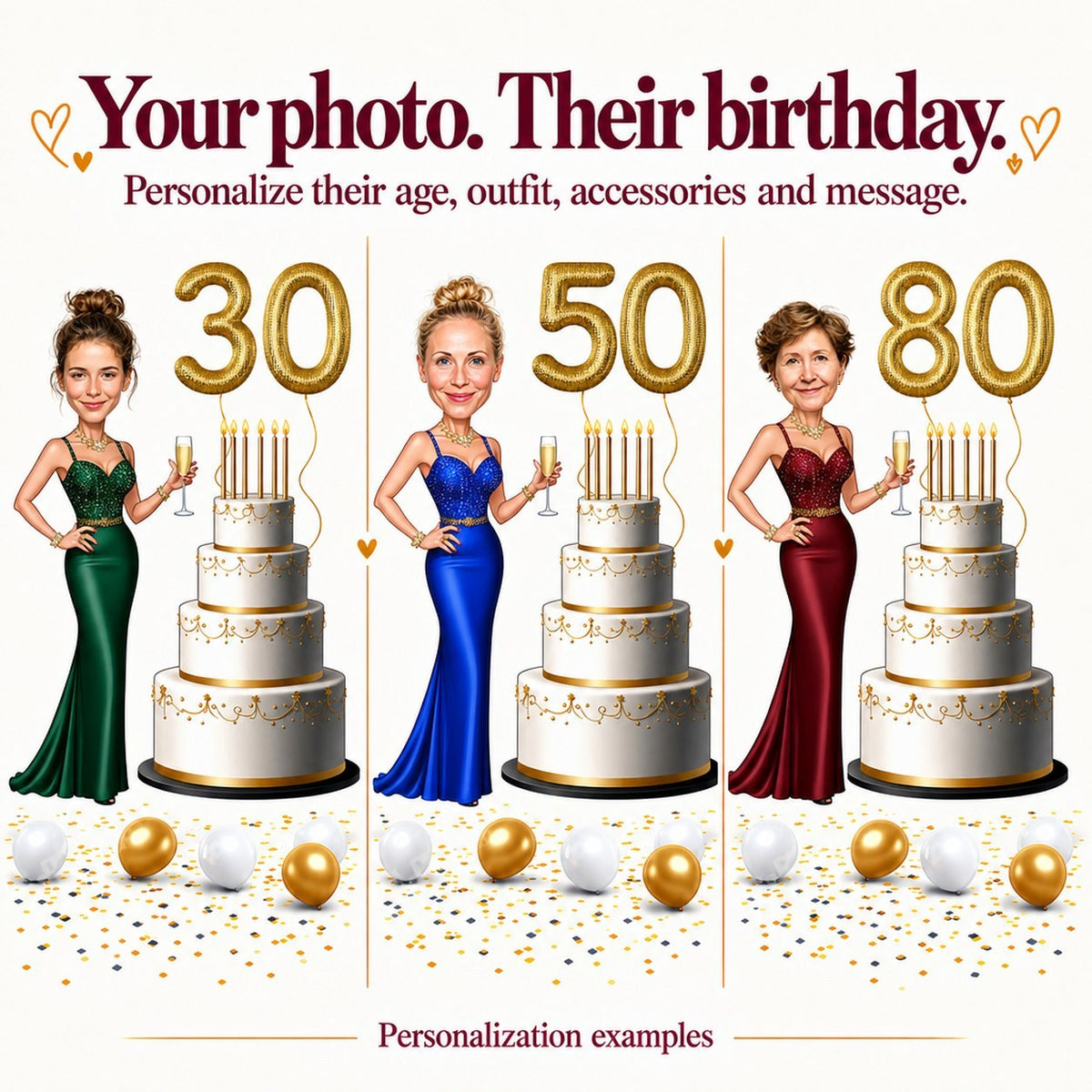 Three personalized versions with different female faces and ages 30, 50, and 80.