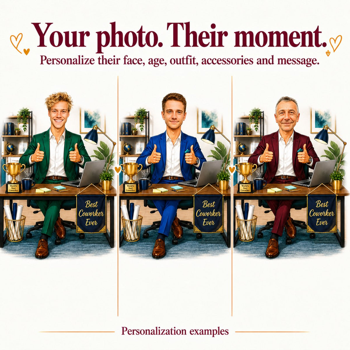 Three personalized versions with different faces and suit colors, blue, gray, green