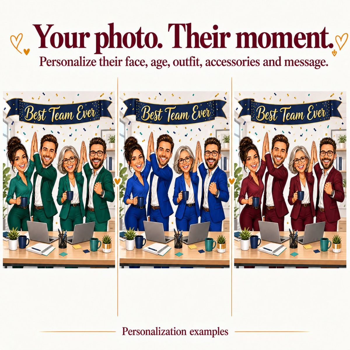 Three team caricatures with different faces and teal, navy, and gray outfit colors.
