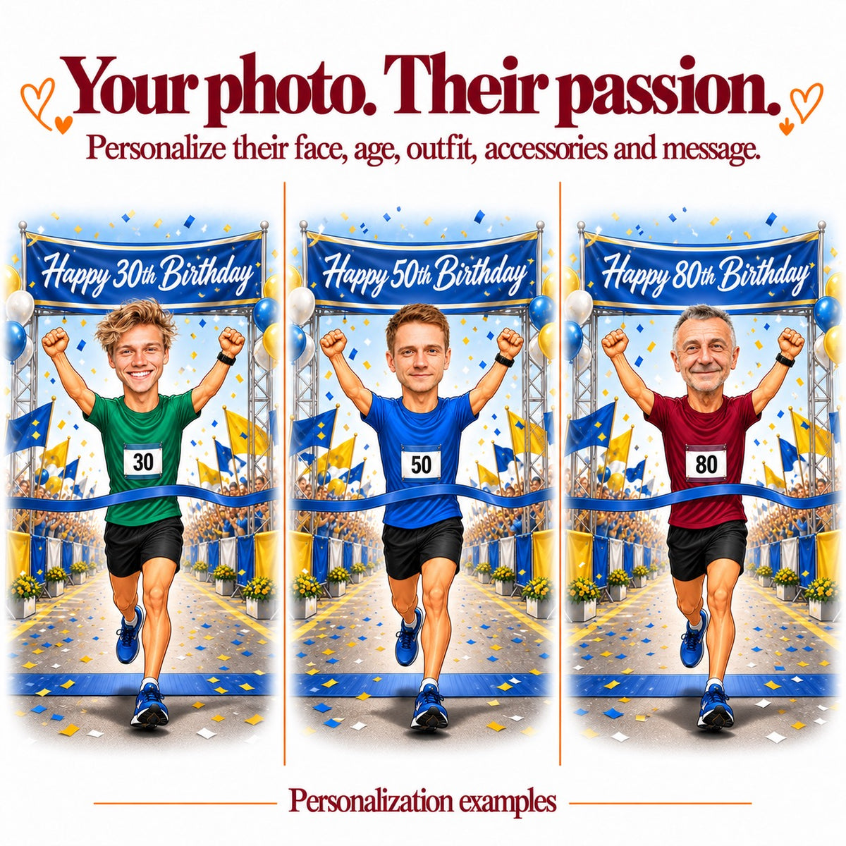 Three runner caricatures with different faces and ages 30, 50, and 80