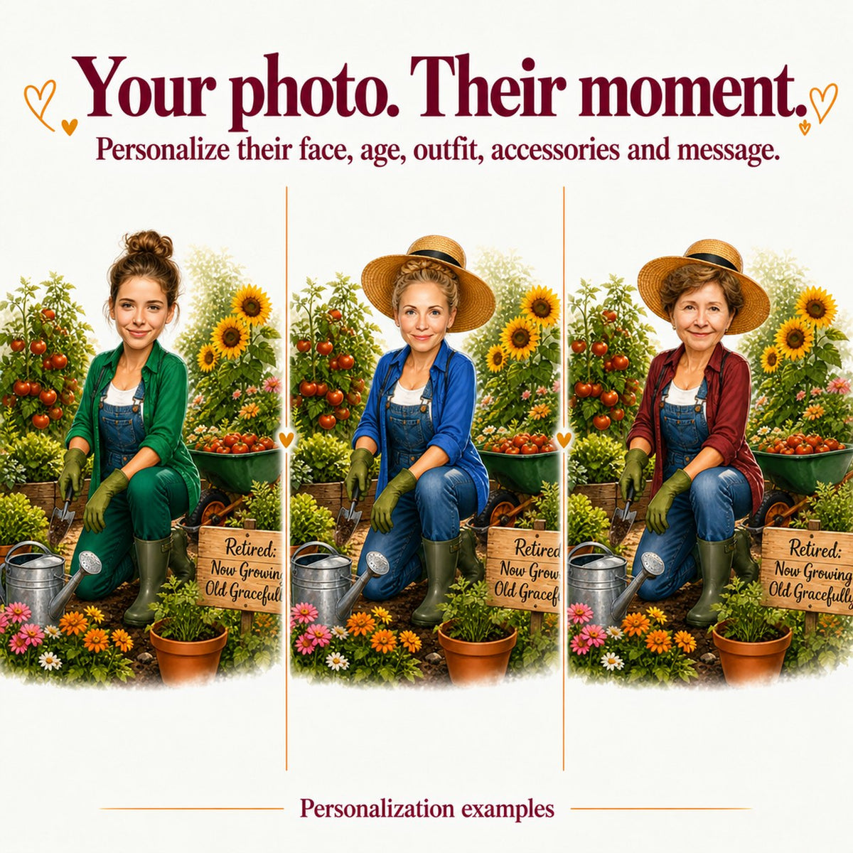 Three personalized gardeners with different faces, outfit colors, and background flowers, all smiling