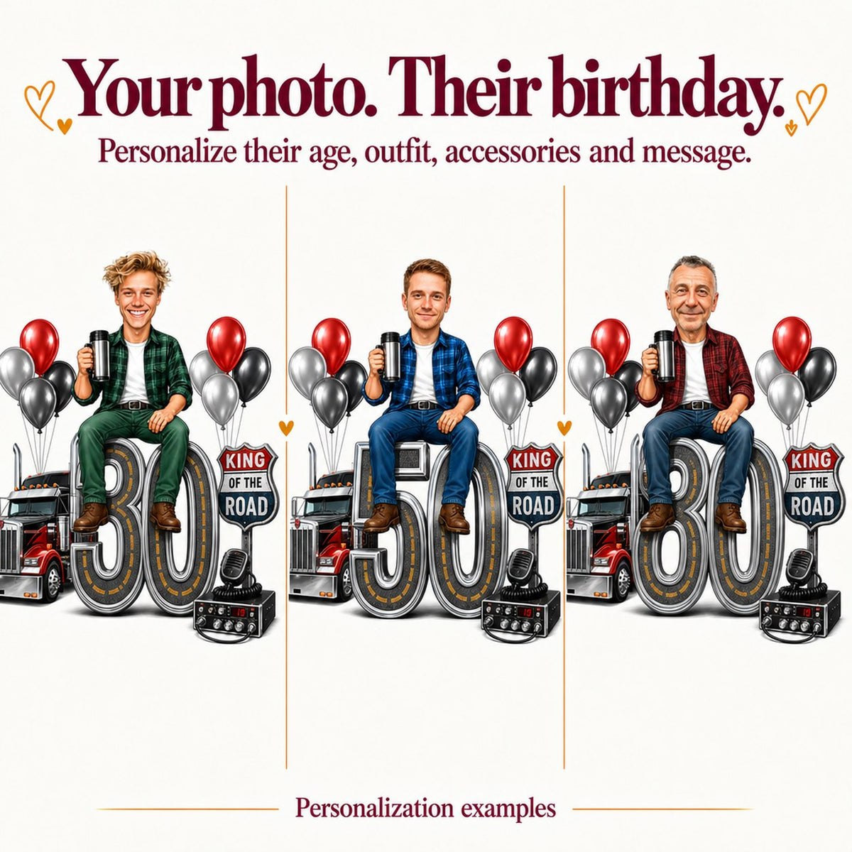 Three personalized trucker caricatures with different faces and ages 30, 50, 80.