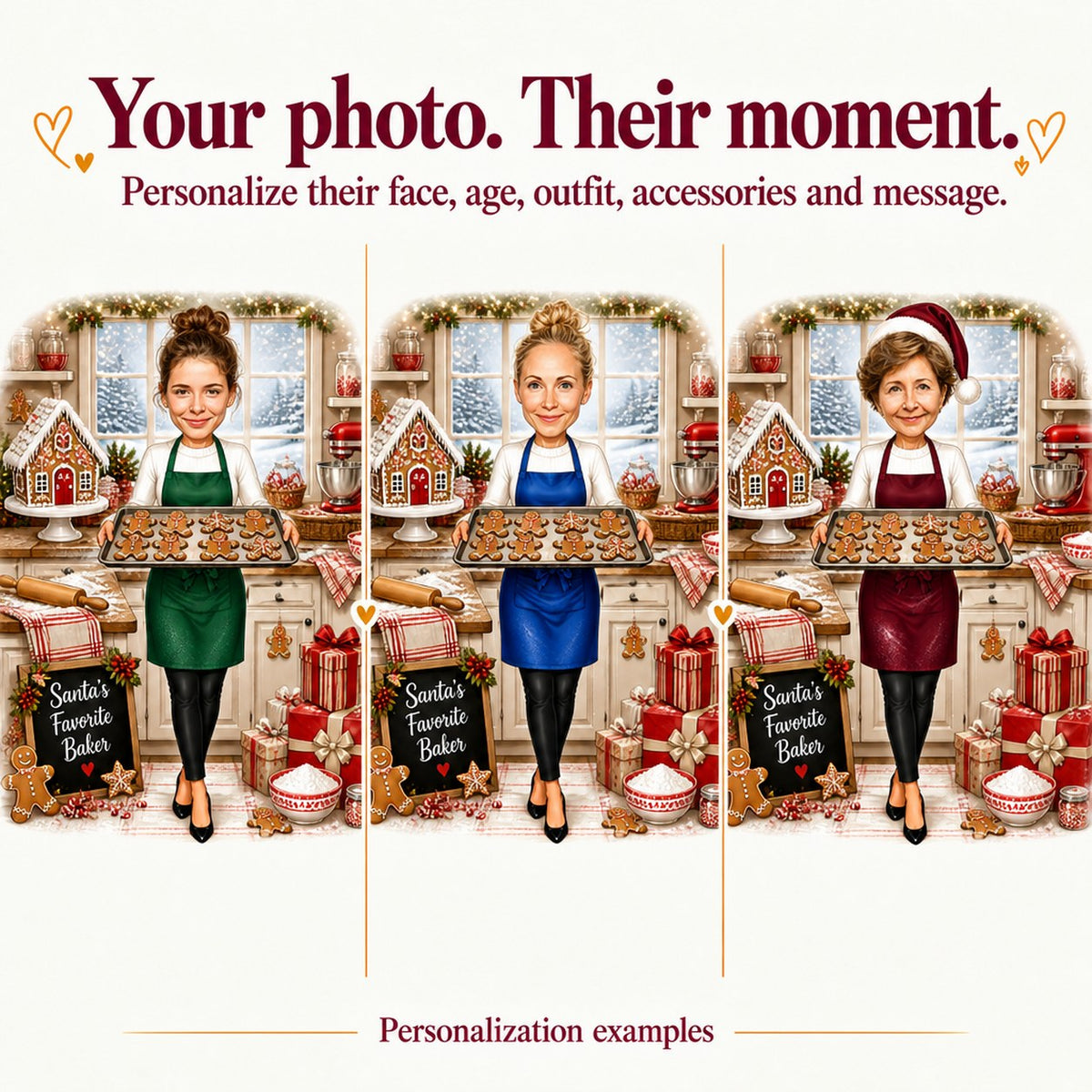 Three personalized versions with different faces, apron colors, hairstyles, all in holiday kitchens.
