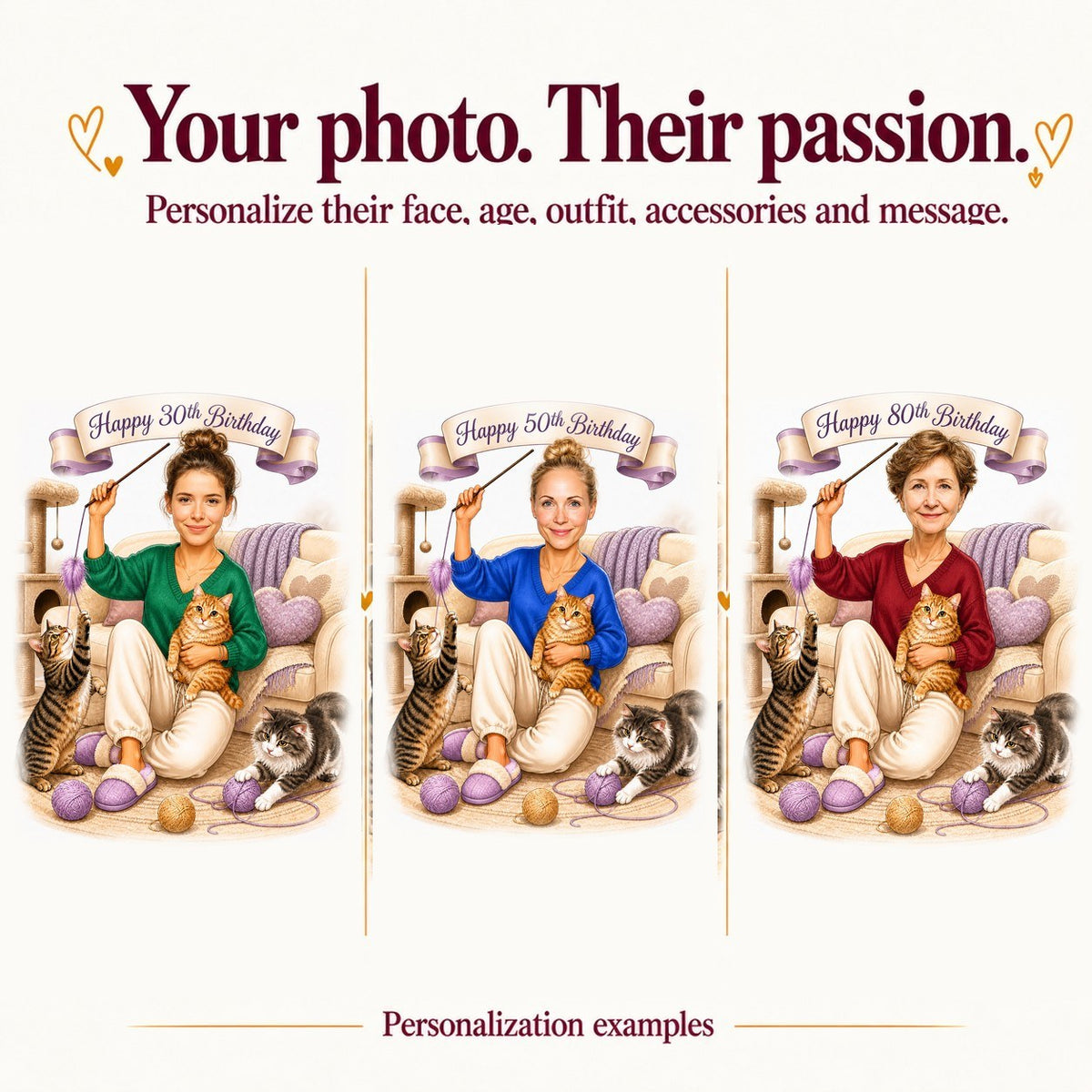 Three personalized cat lover cartoons with different faces, ages 30, 50, and 80.