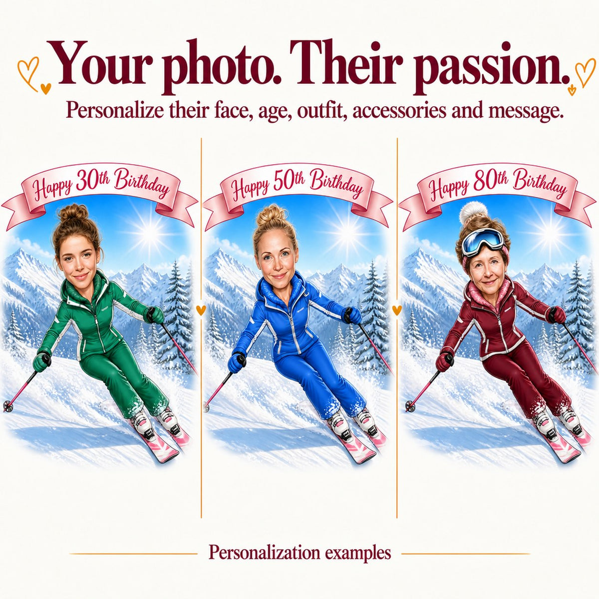 Three personalized ski caricatures with different faces and ages 30, 50, and 80.