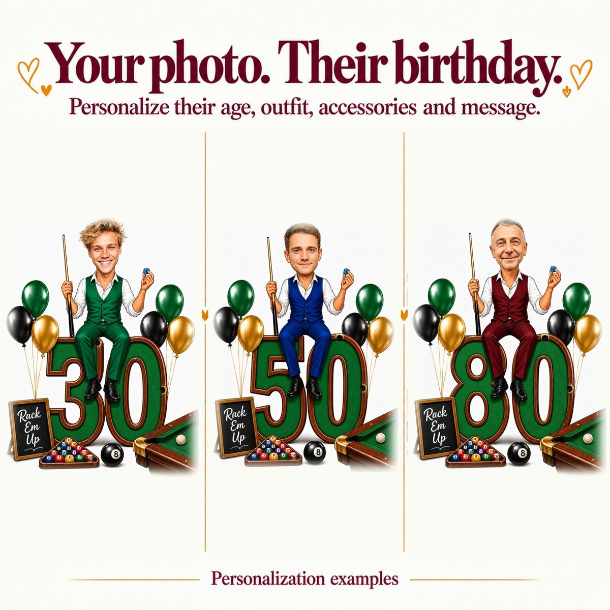 Three versions with different faces and ages 30, 50, and 80.