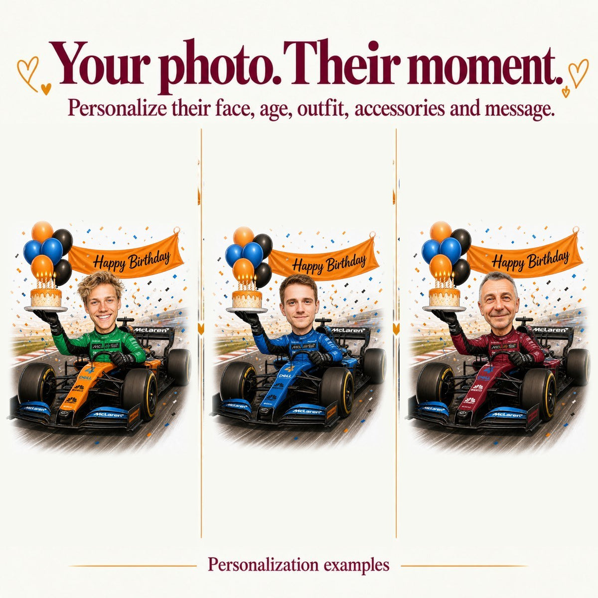 Three personalized Formula 1 caricatures with different faces and orange, blue, or black outfits.