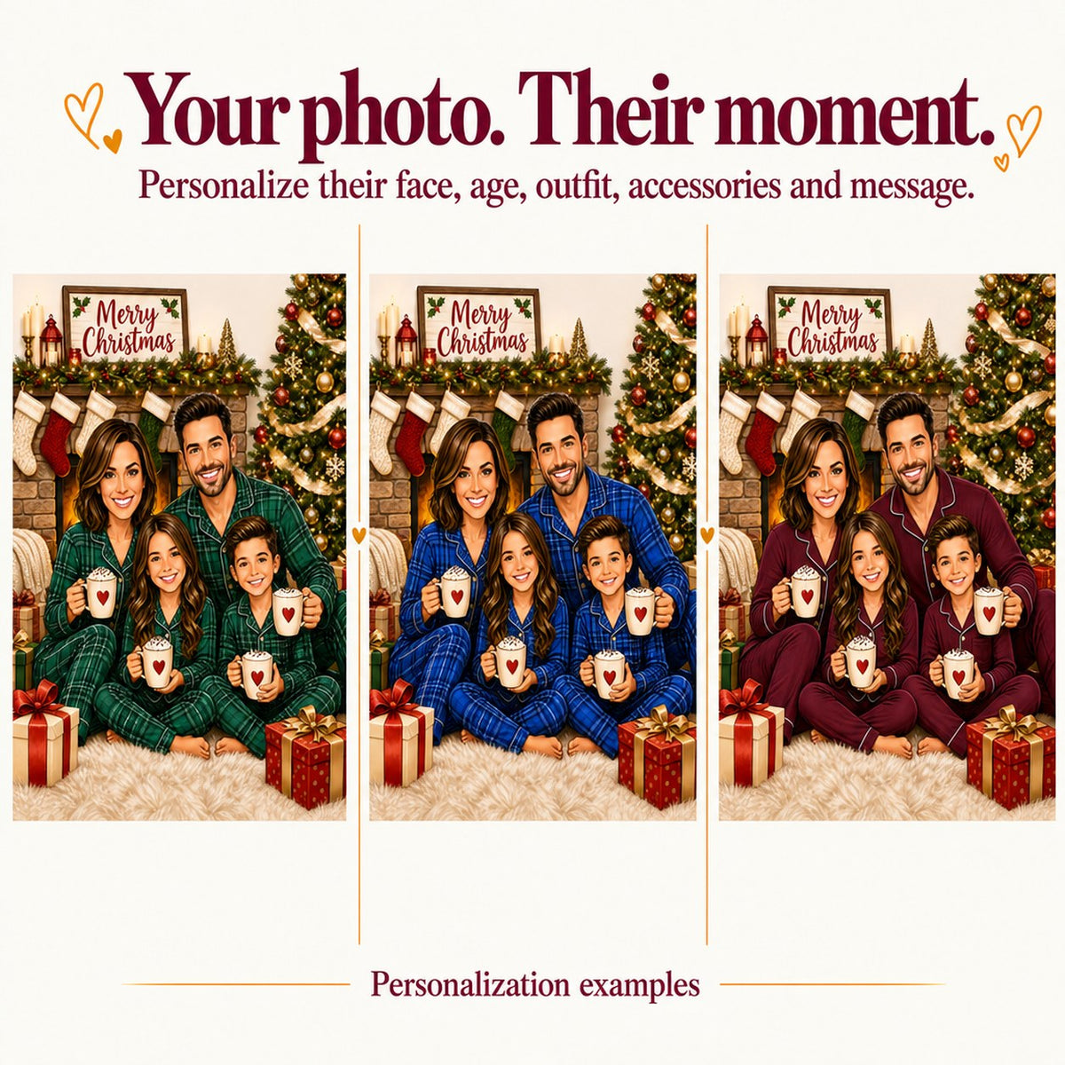 Three versions with different faces and red, green, or blue pajama colors.