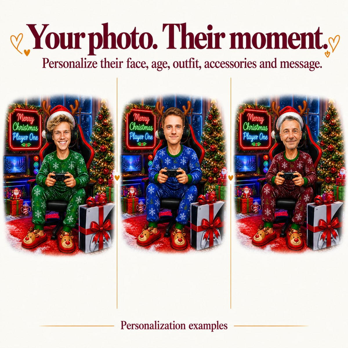 Three gamer Christmas caricatures with different male faces and varied pajama colors.