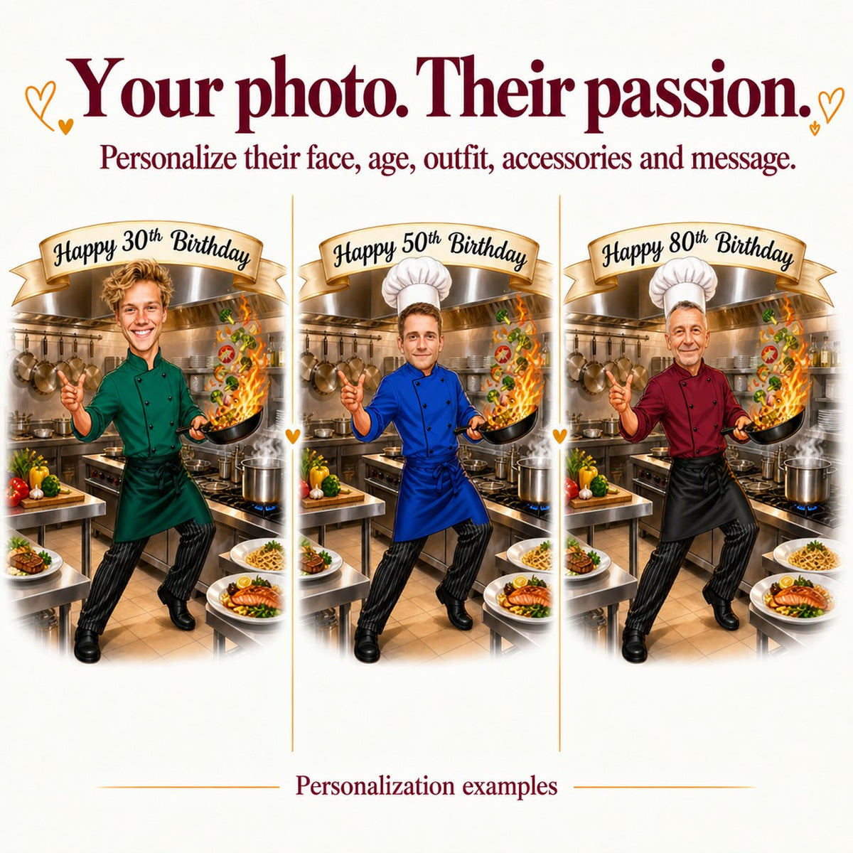 Three chef caricatures with different faces and ages 30, 50, and 80 on the banner.