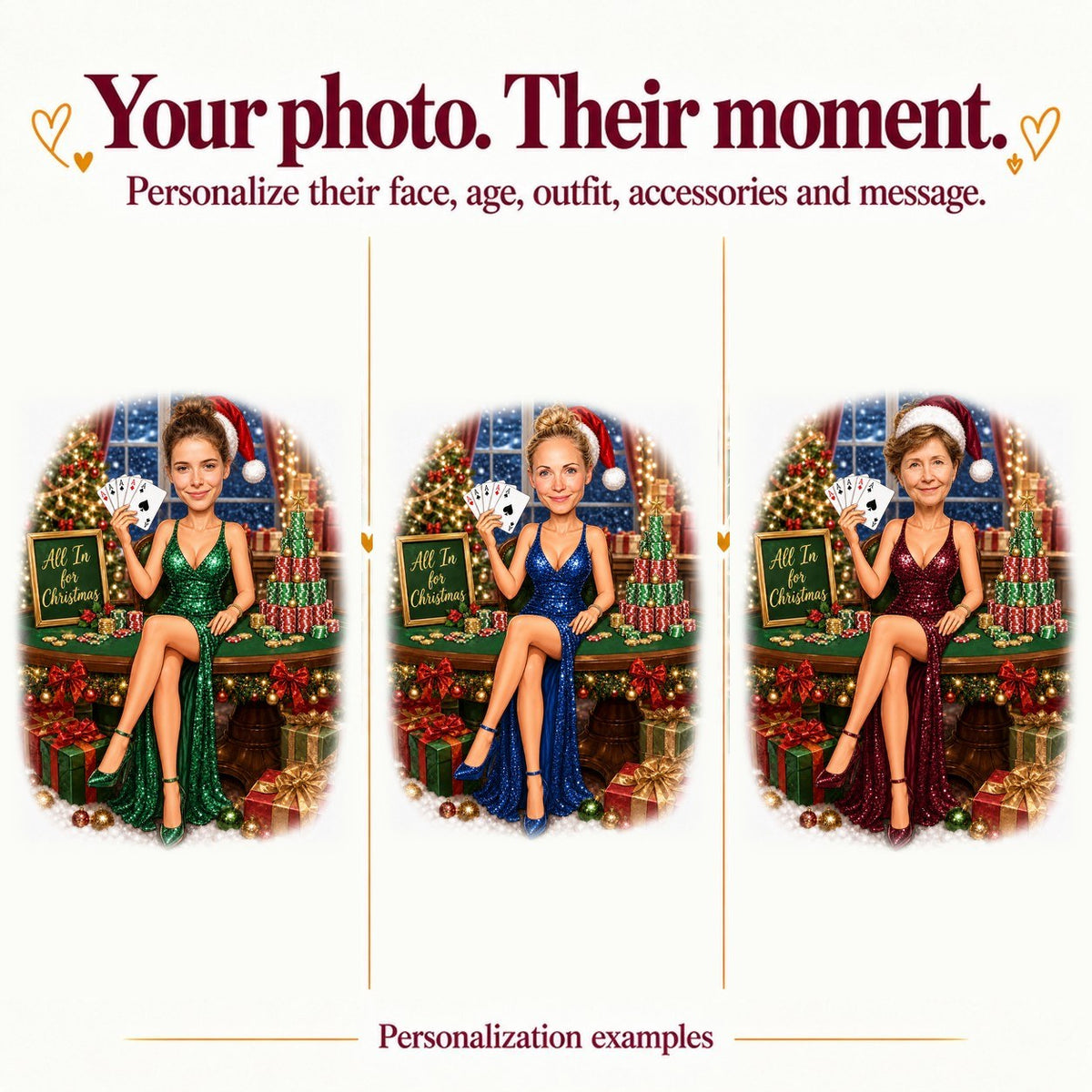 Three personalized poker Christmas caricatures with different women’s faces and red, green, black dresses.