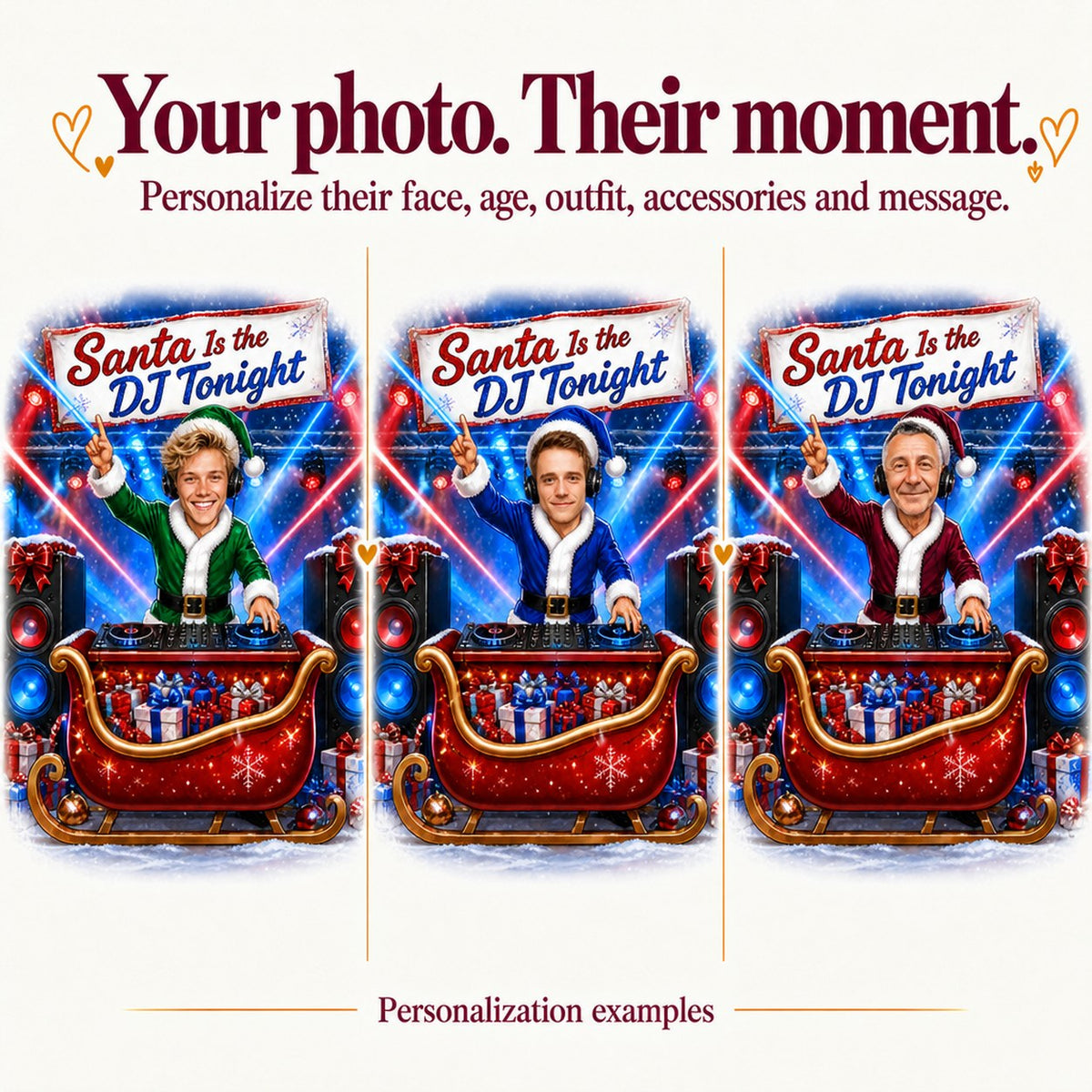 Three personalized DJ Santa caricatures with different faces, banner messages, and Santa suit colors