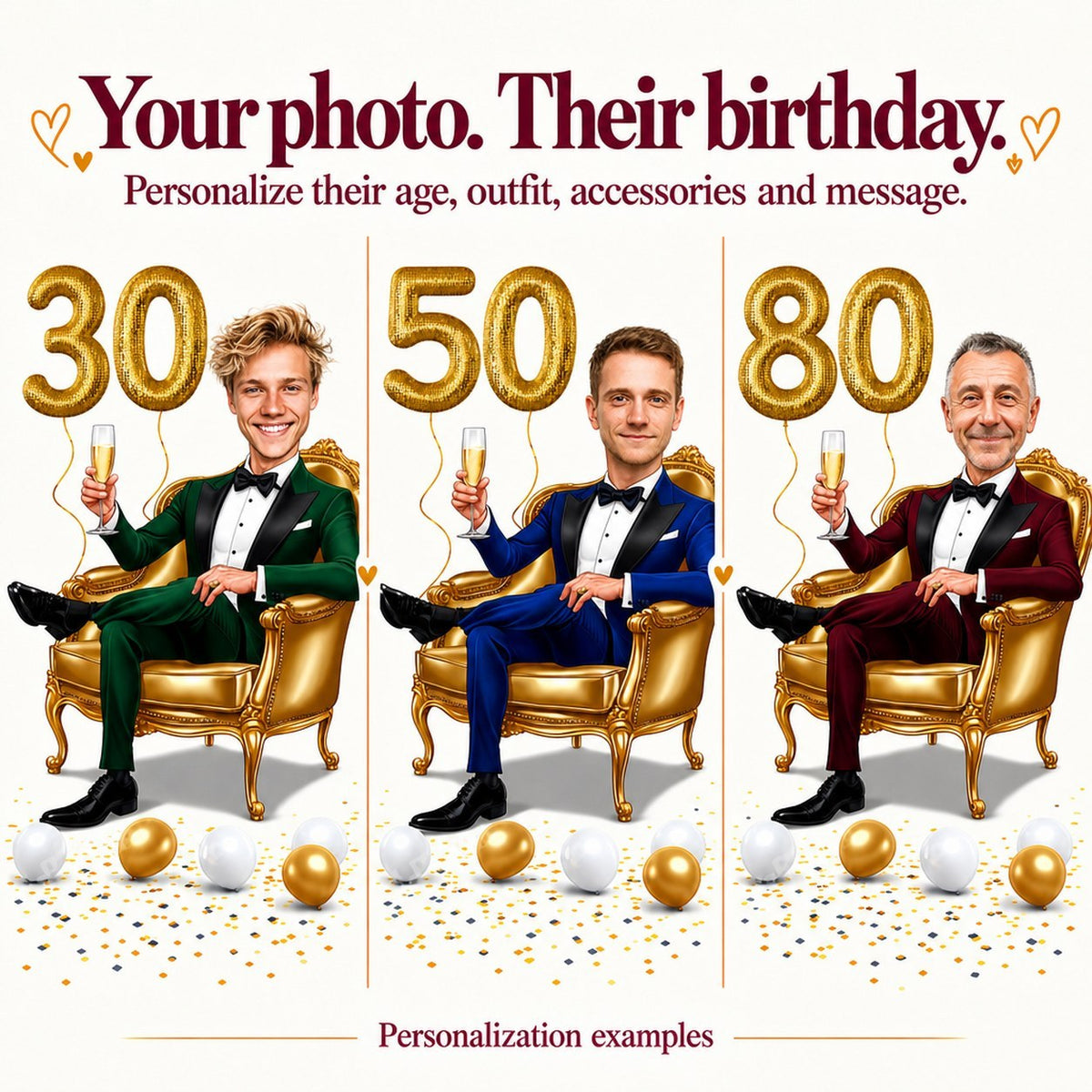 Three examples with different male faces, ages 30, 50, and 80 in golden armchair scene
