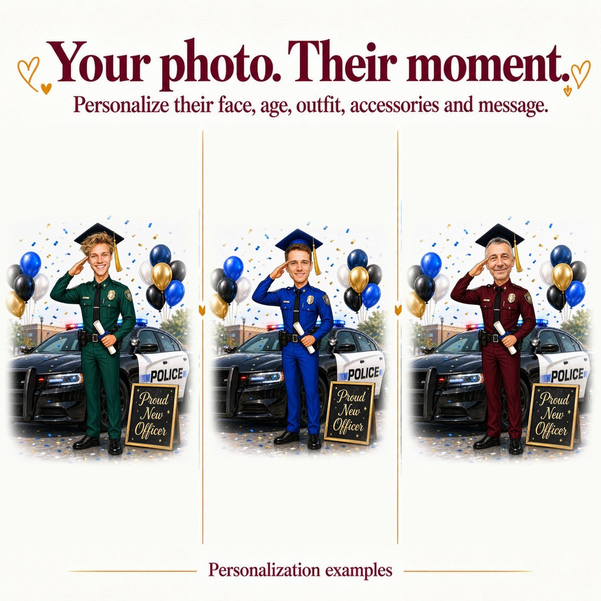 Three custom police graduation caricatures with different faces and uniform colors