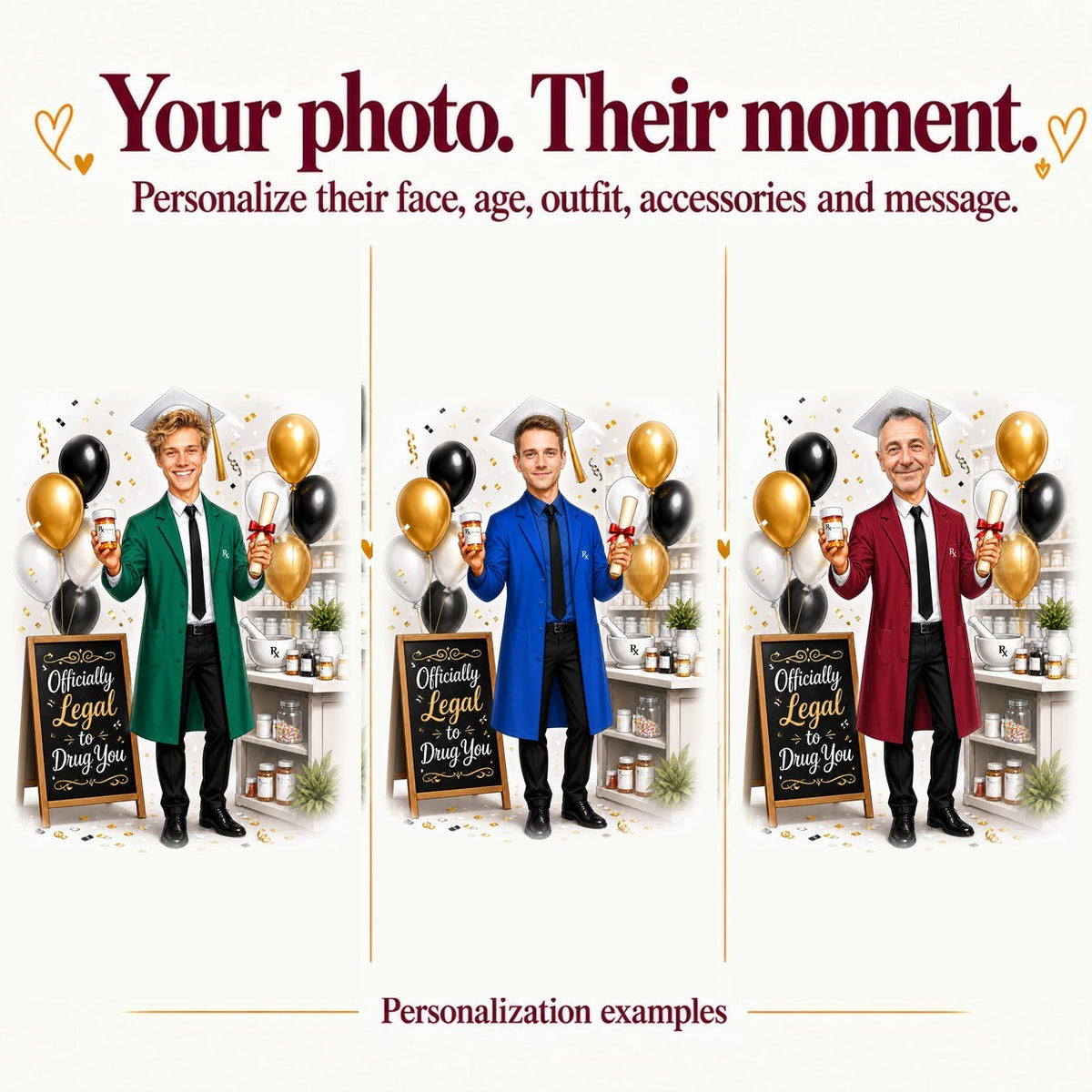 Three pharmacist caricatures with different faces and coat, tie, and balloon colors.