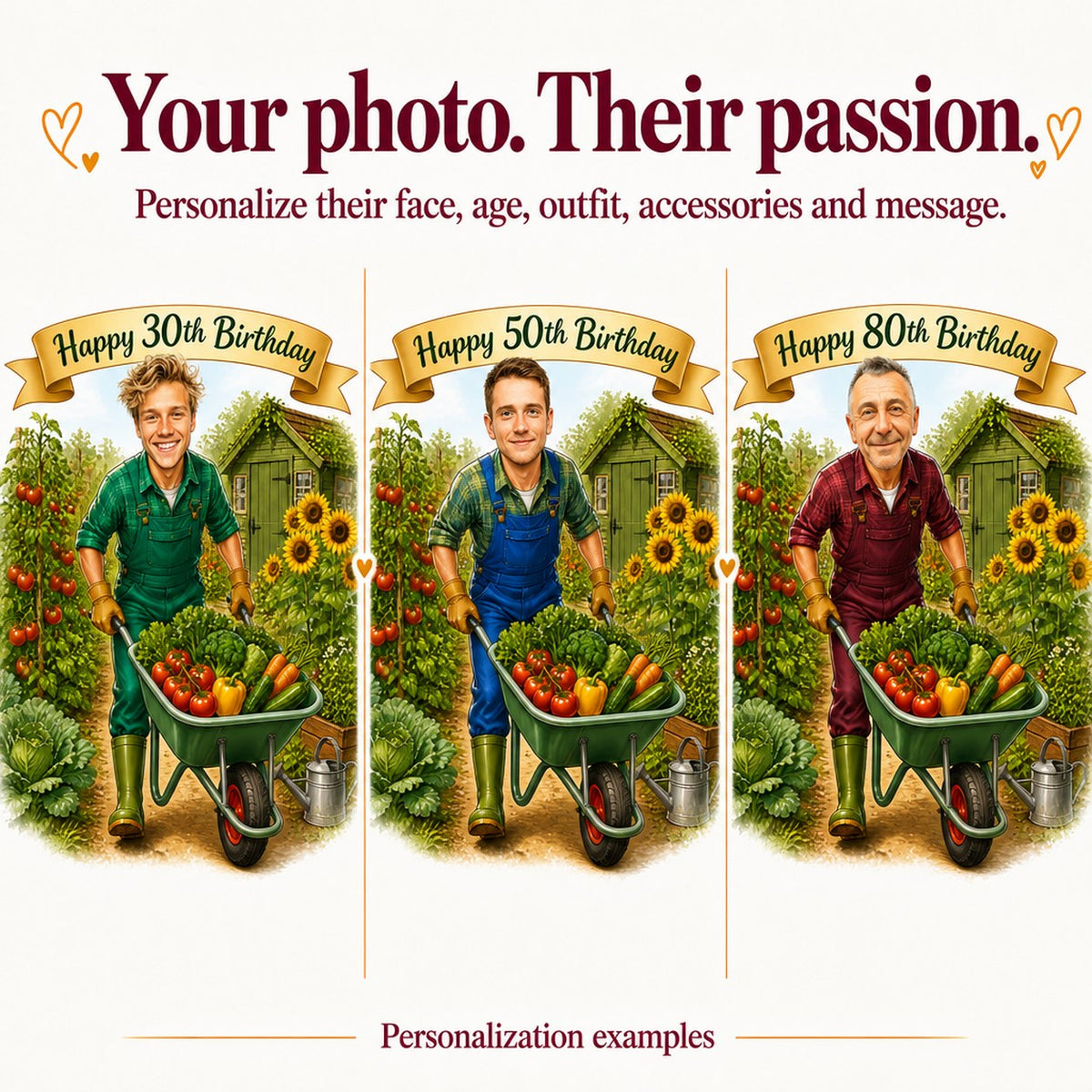 Three personalized gardener caricatures with different faces and ages 30, 50, 80.