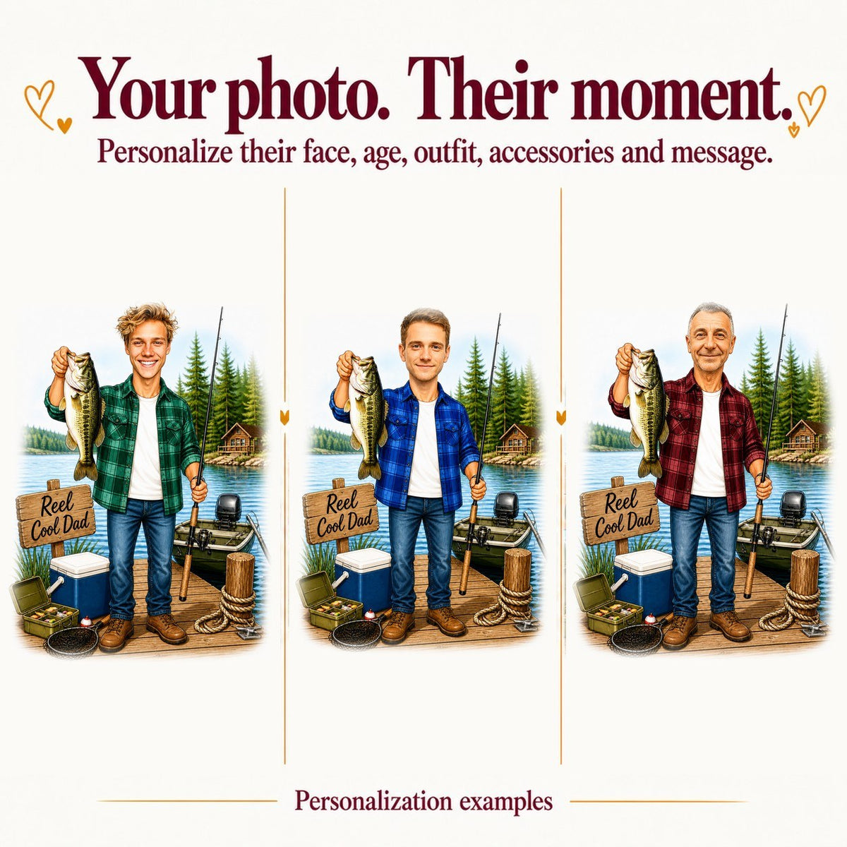 Three personalized fishing dad caricatures with different faces and plaid shirt colors.