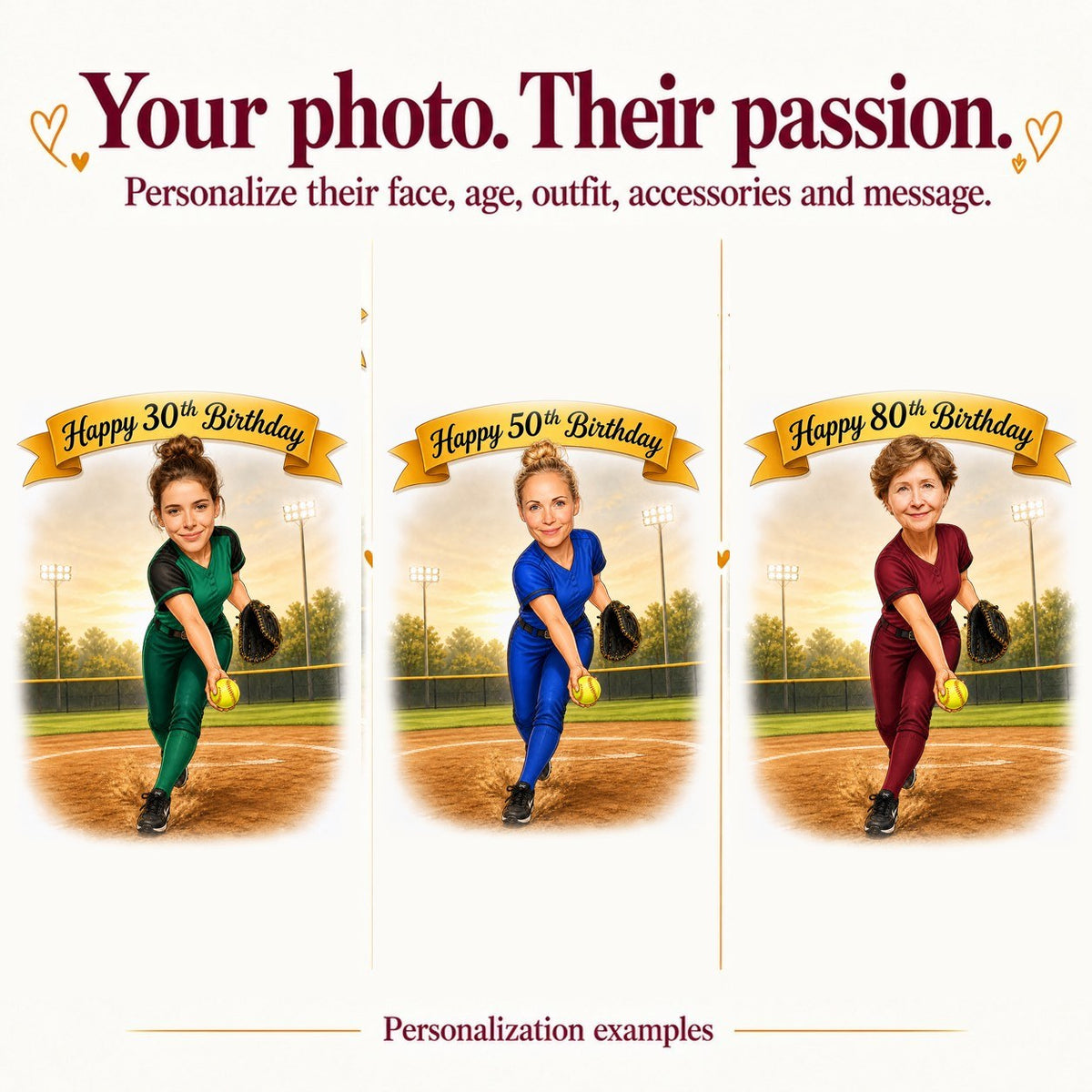 Three personalized softball caricatures with different faces and ages 30, 50, and 80.