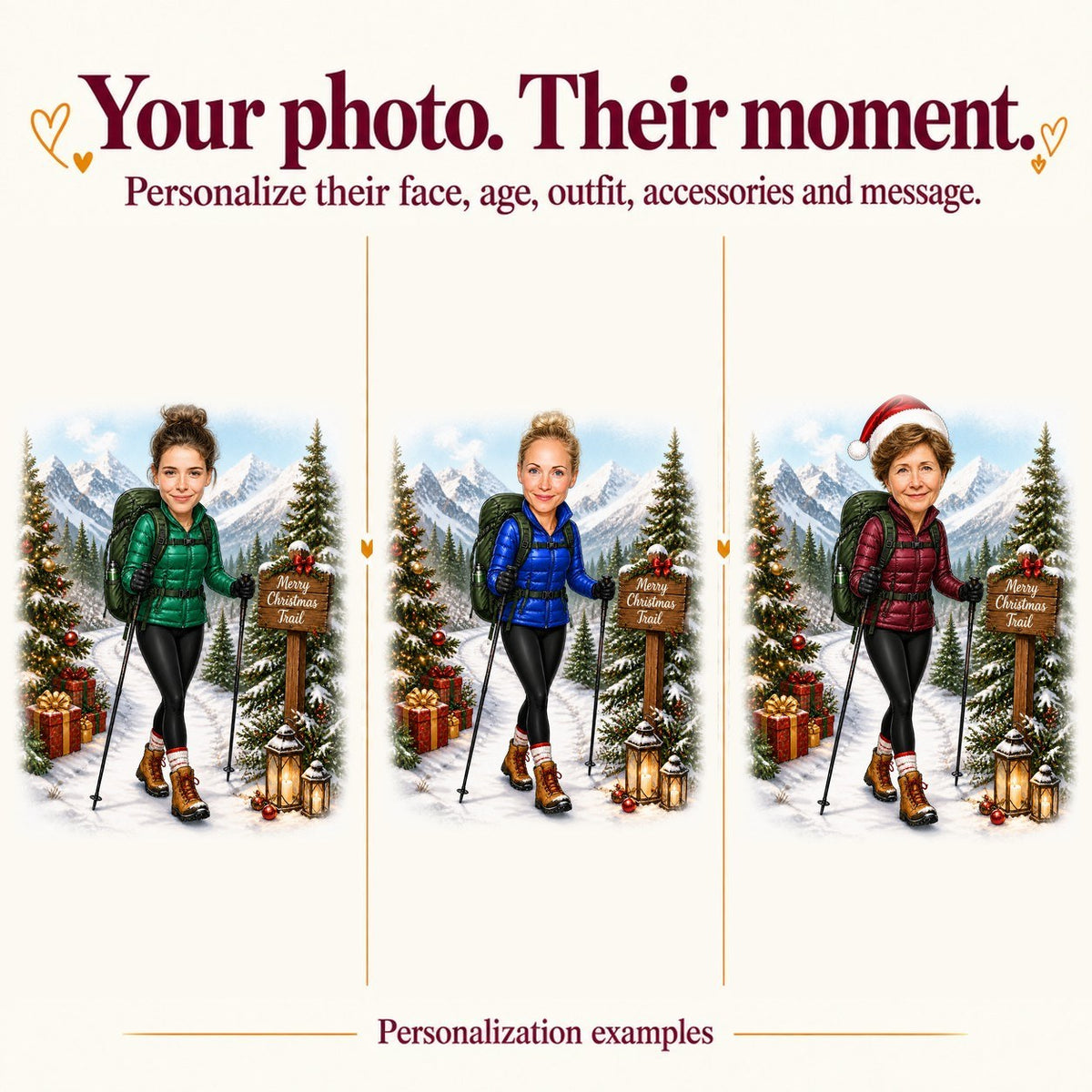 Three personalized hikers with different faces and jacket colors on snowy Christmas trail