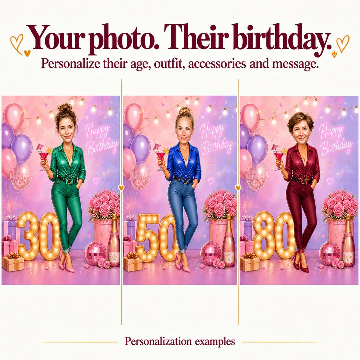 Three personalized versions with different faces and ages 30, 50, and 80 shown.