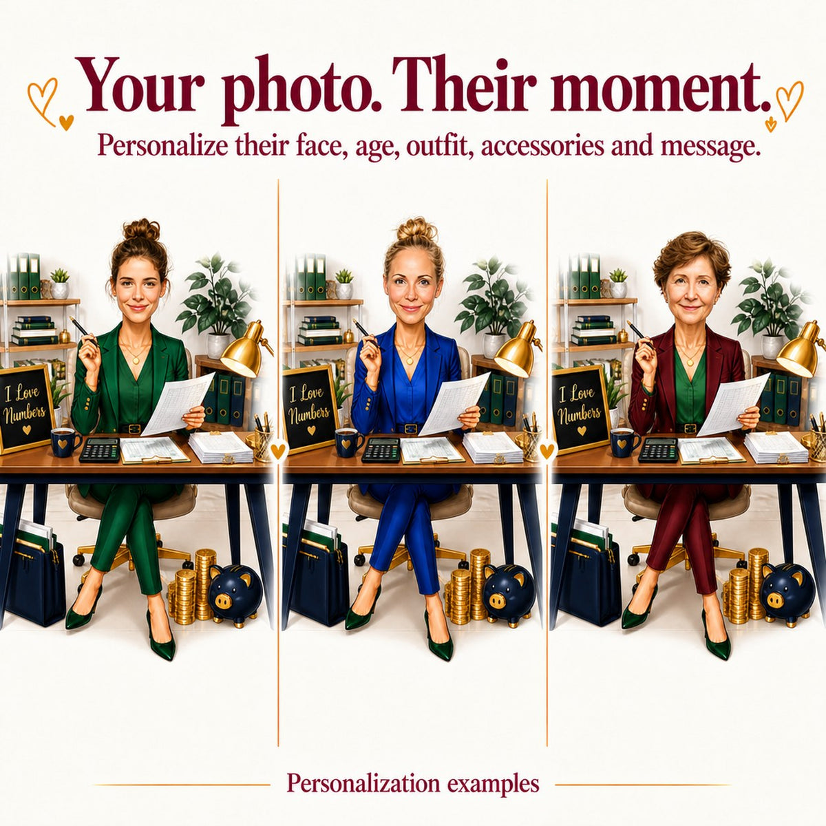 Three personalized accountant caricatures with different faces, hairstyles, and outfit colors.