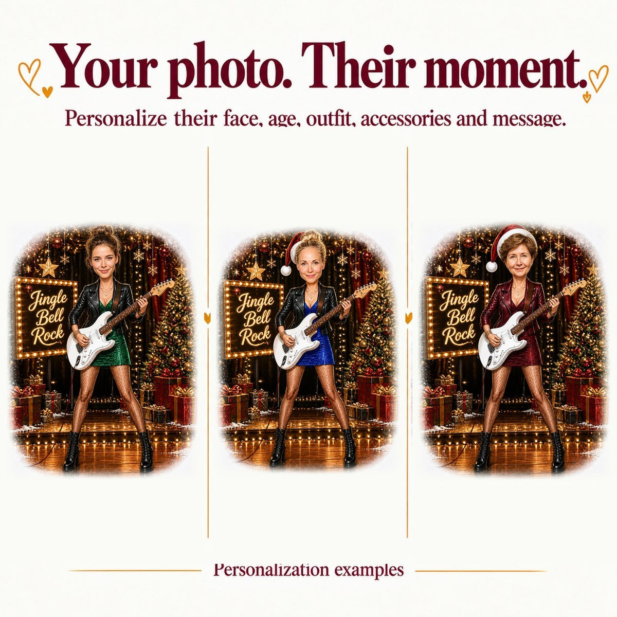 Three personalized versions with different faces, hair, and outfit colors on stage.