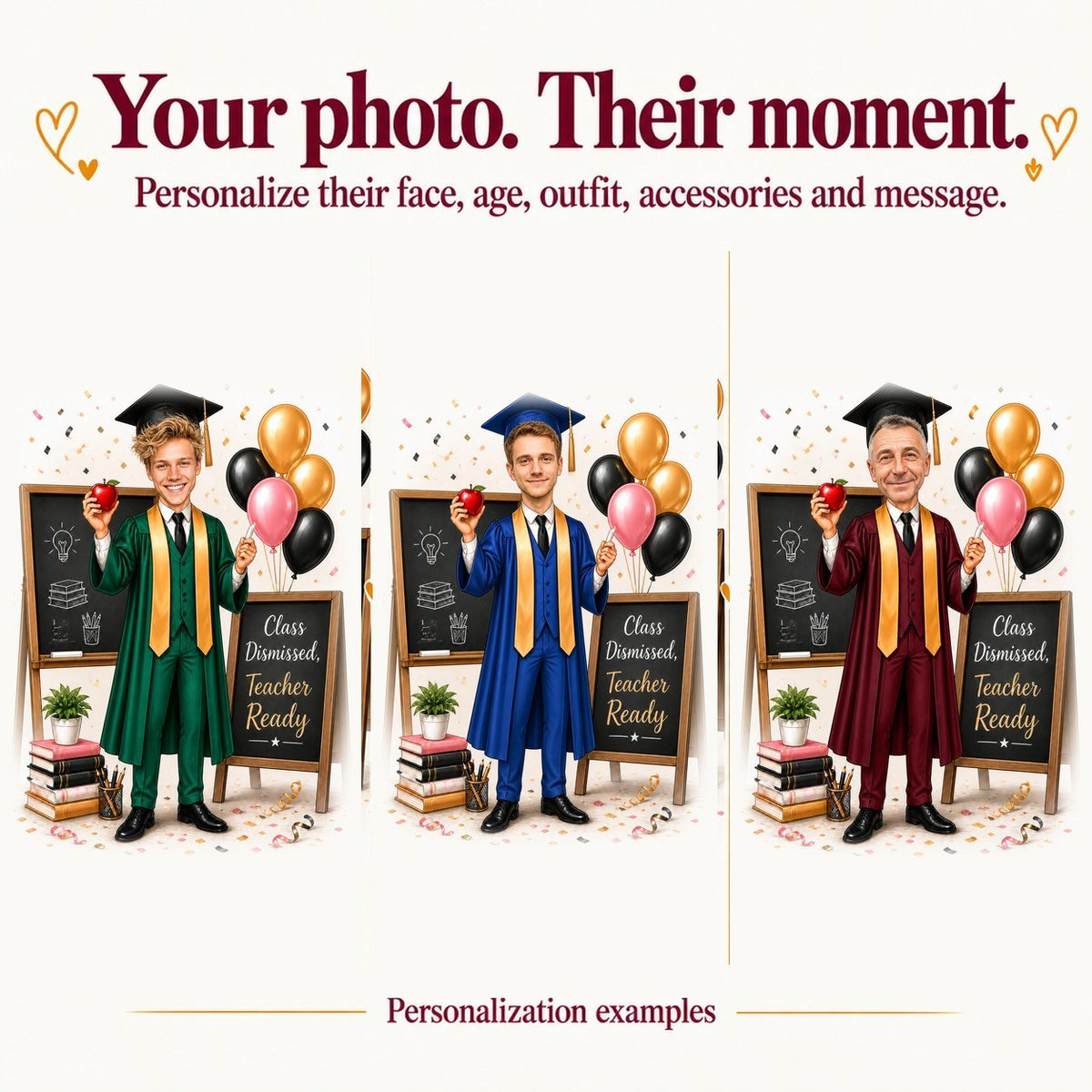 Three personalized teacher graduation caricatures with different faces and gown color accents