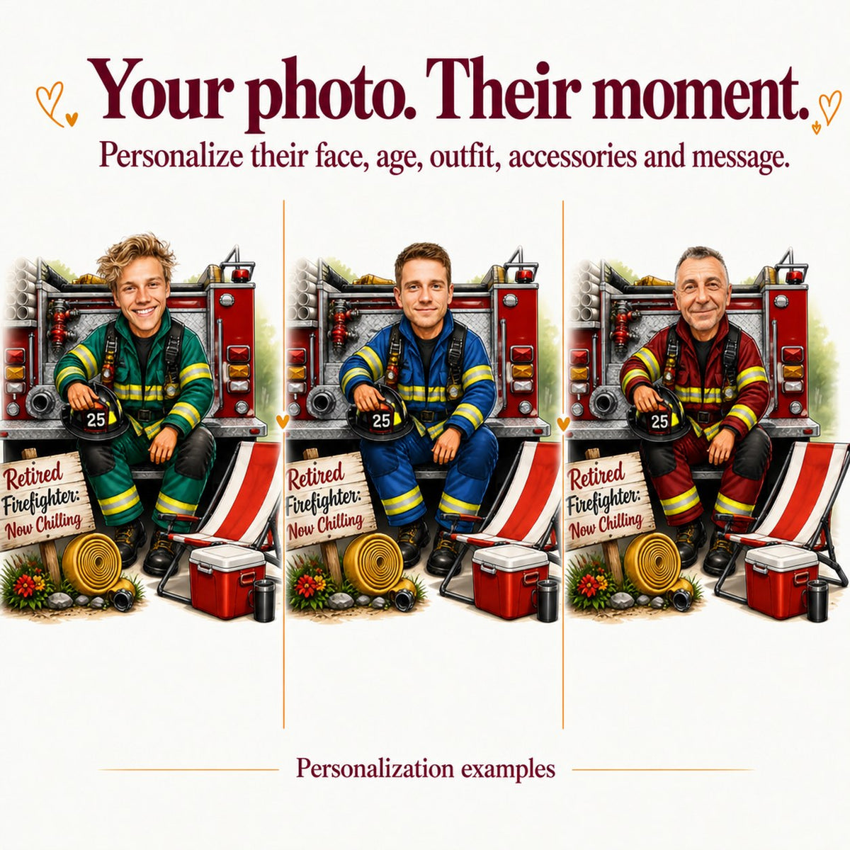 Three personalized retired firefighter caricatures with different faces and gear colors.