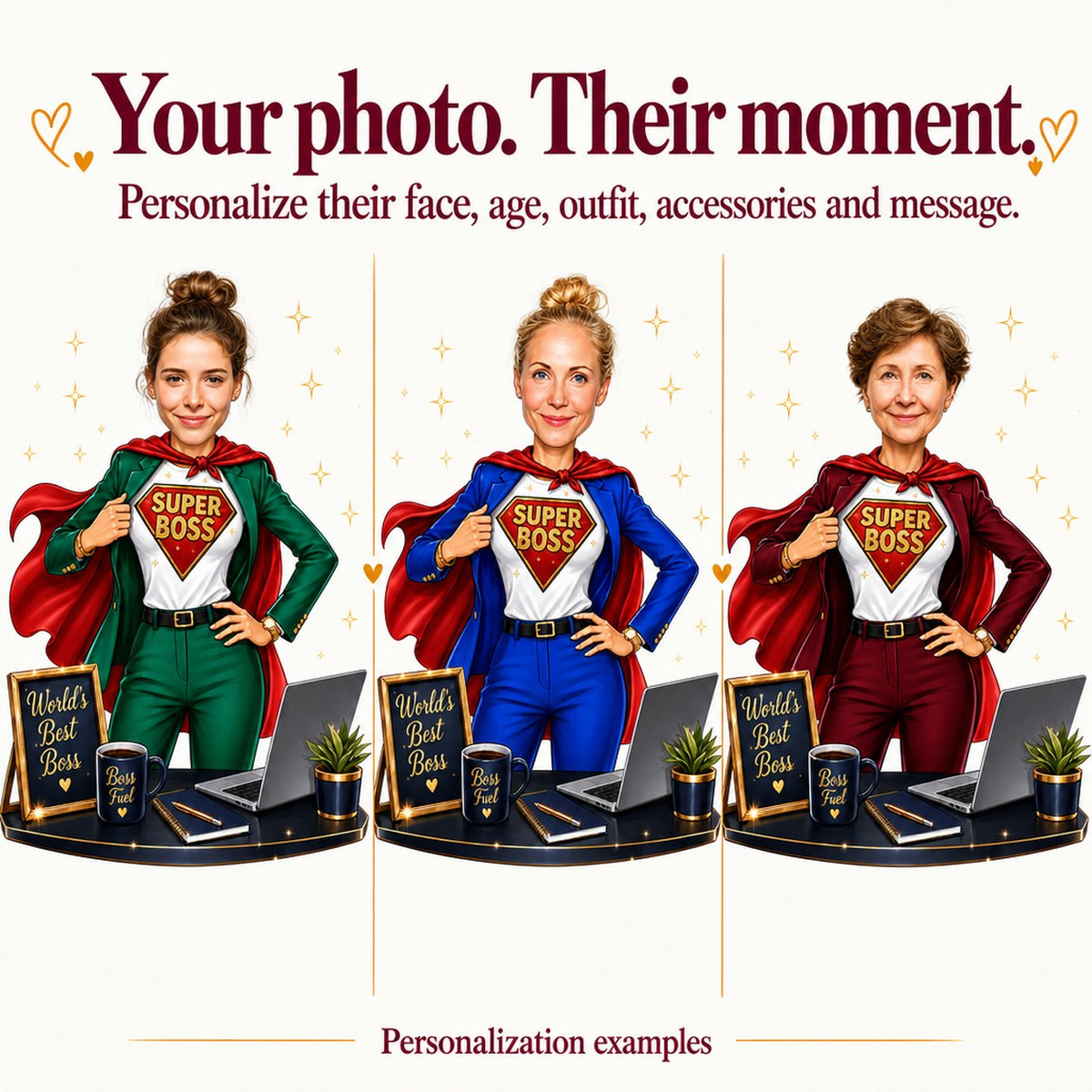 Three personalized Super Boss caricatures with different faces and suit colors on desk.