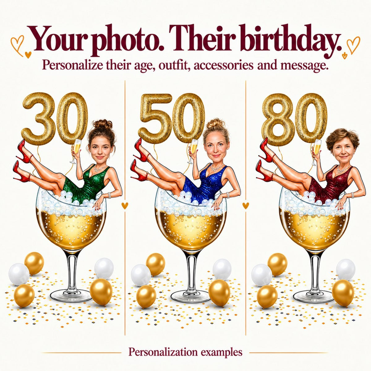Three personalized champagne caricatures with ages 30, 50, and 80, different women’s faces.