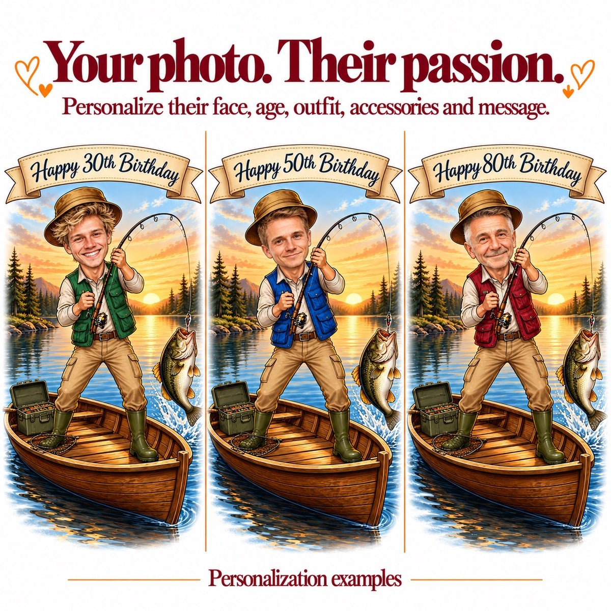 Three fishing caricatures with different faces and ages 30, 50, and 80.