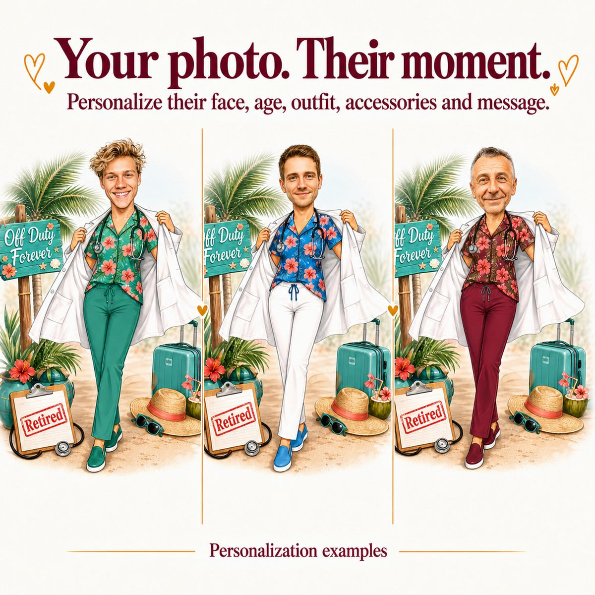 Three personalized retired doctor caricatures with different faces and scrub colors on beach.