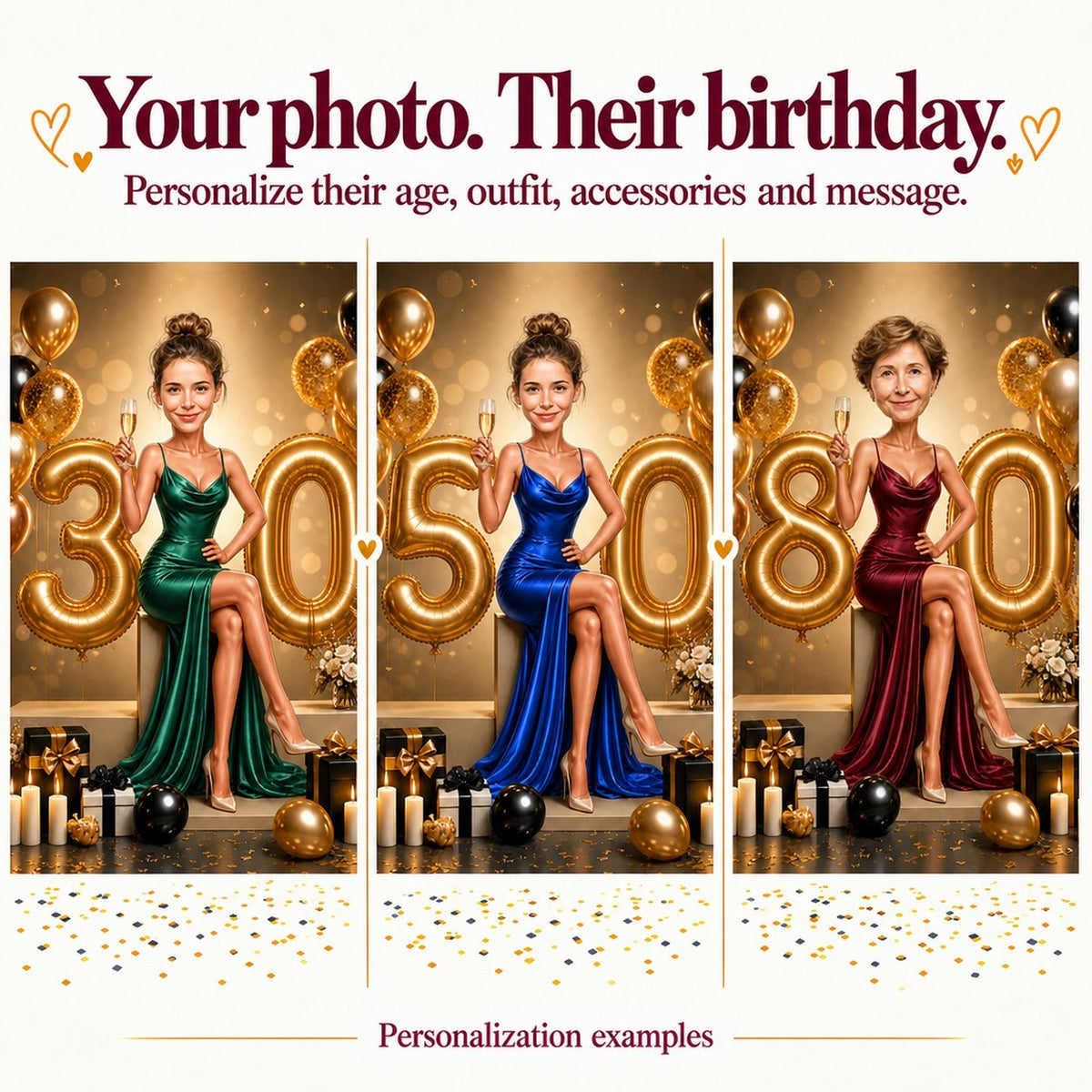 Three examples: different women’s faces with balloons showing ages 30, 50, 80.