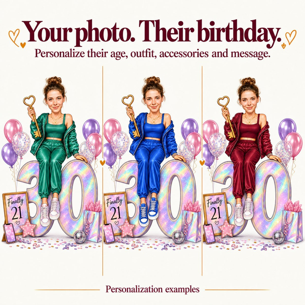 Three personalized Finally 21 caricatures with different faces and ages 30, 50, 80.