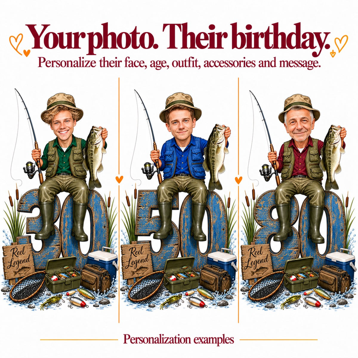 Three versions: different faces with ages 30, 50, and 80 fisherman.