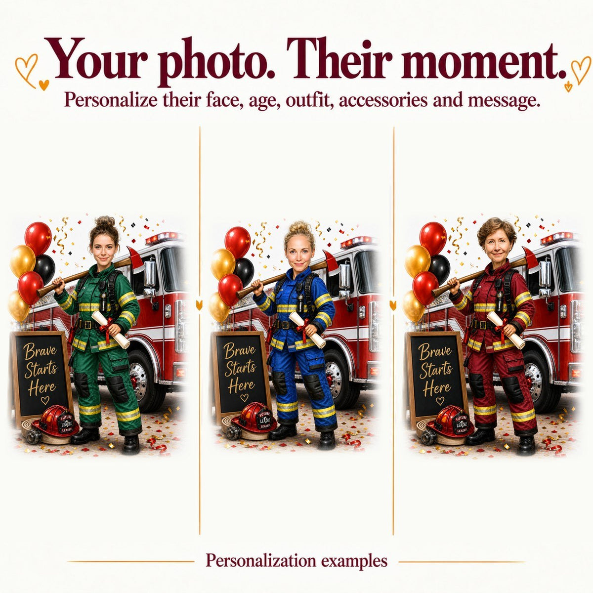 Three personalized firefighter graduates with different faces and gear colors, same scene.