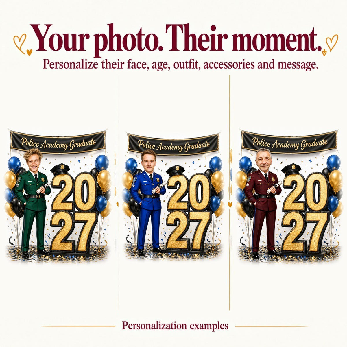 Three police graduation caricatures with different faces, year numbers, banner text, and uniform accent colors.