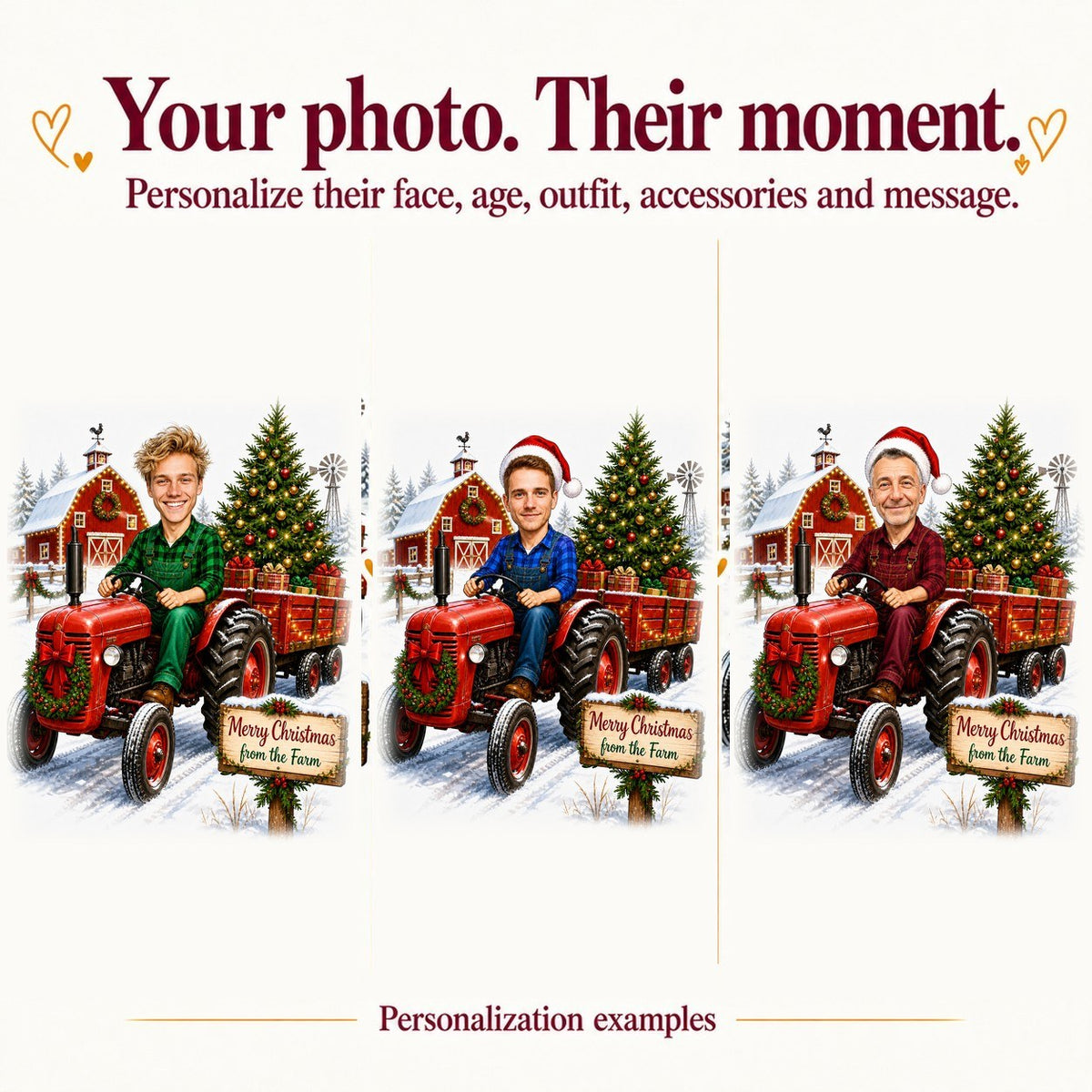 Three custom farmer caricatures with different faces, plaid colors, and tractor accents, Christmas scene unchanged.