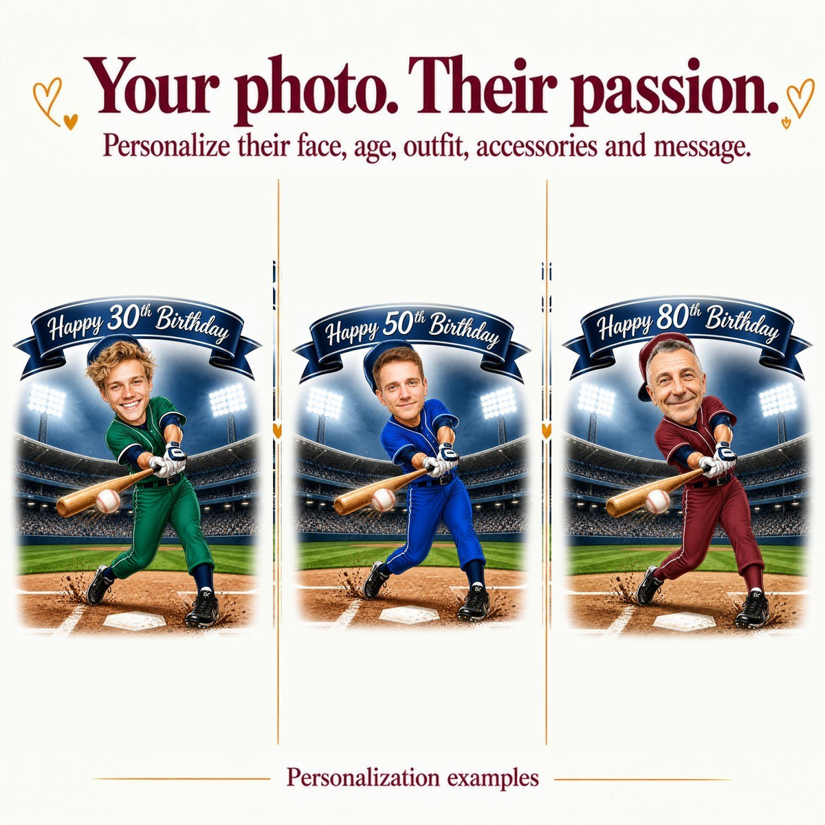 Three baseball caricatures with different faces and ages 30, 50 and 80