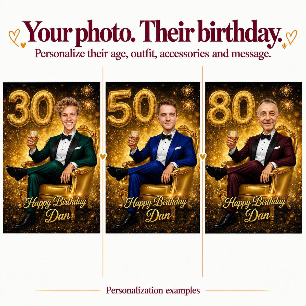 Three variations with different male faces and ages 30, 50, and 80.