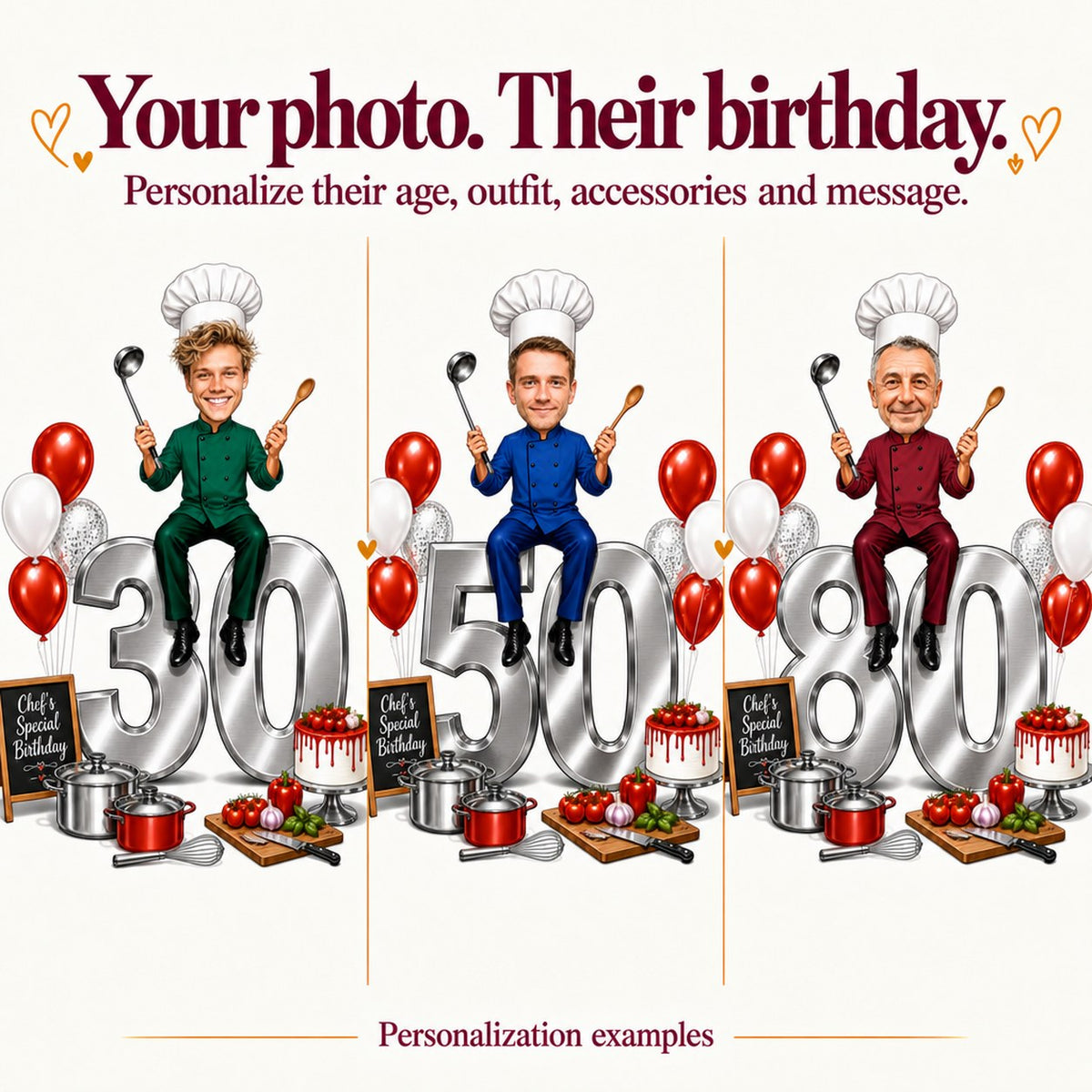 Three chef caricatures with different faces and ages 30, 50 and 80.